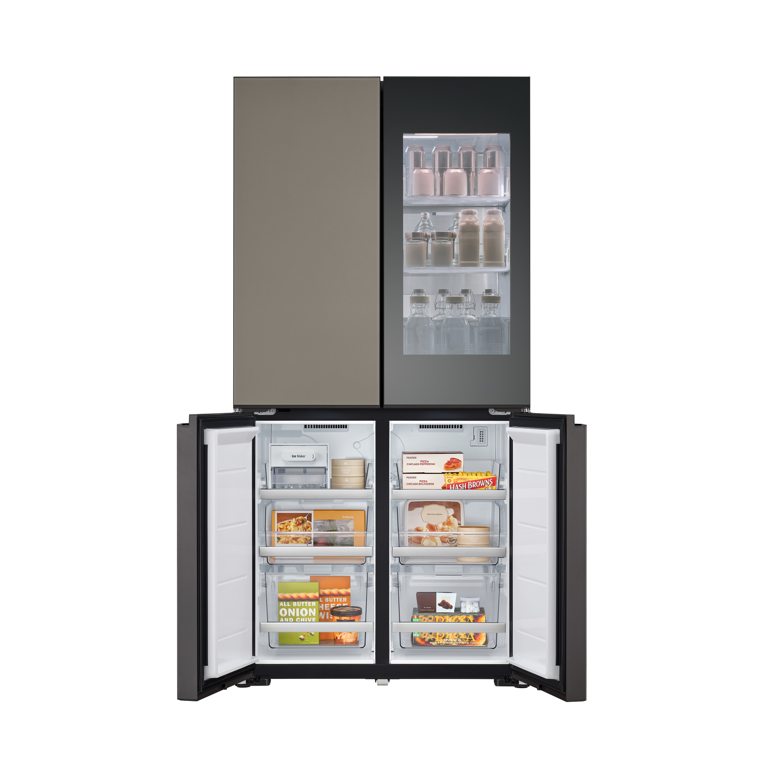 Double-door refrigerator open. One side shows shelves with items, the other, freezer items.