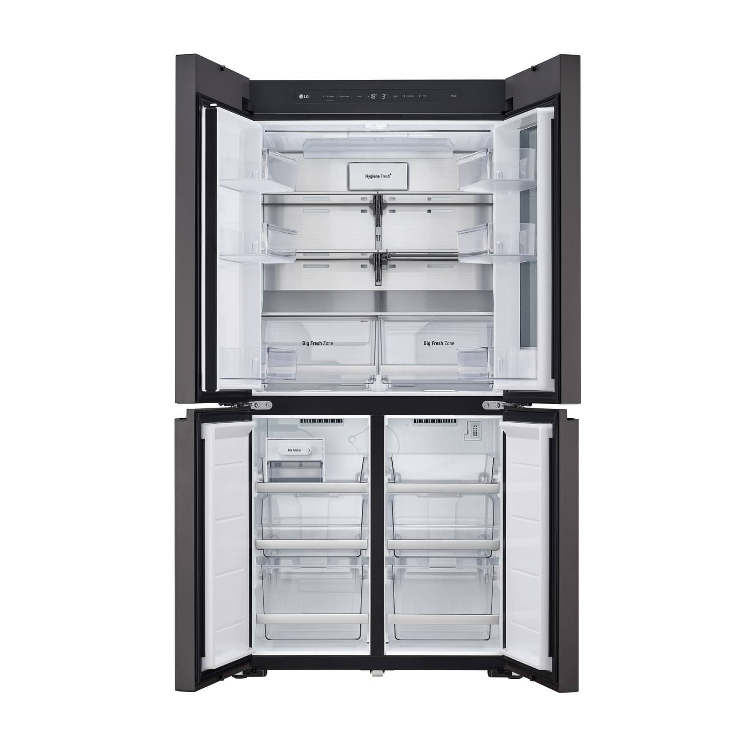 A large, open LG refrigerator with multiple compartments and drawers, showing food storage.