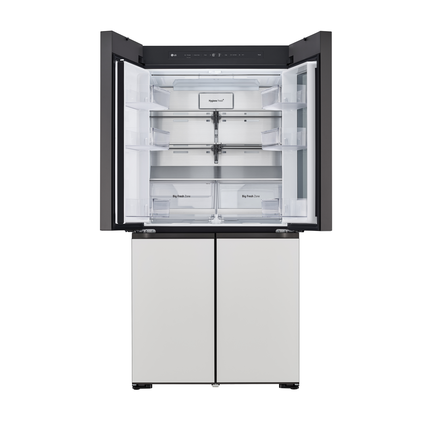LG refrigerator, open. Top doors open, showing shelves. Bottom doors closed, white. 'Big Fresh Zone' and 'Hygiene Fresh+' labeled.