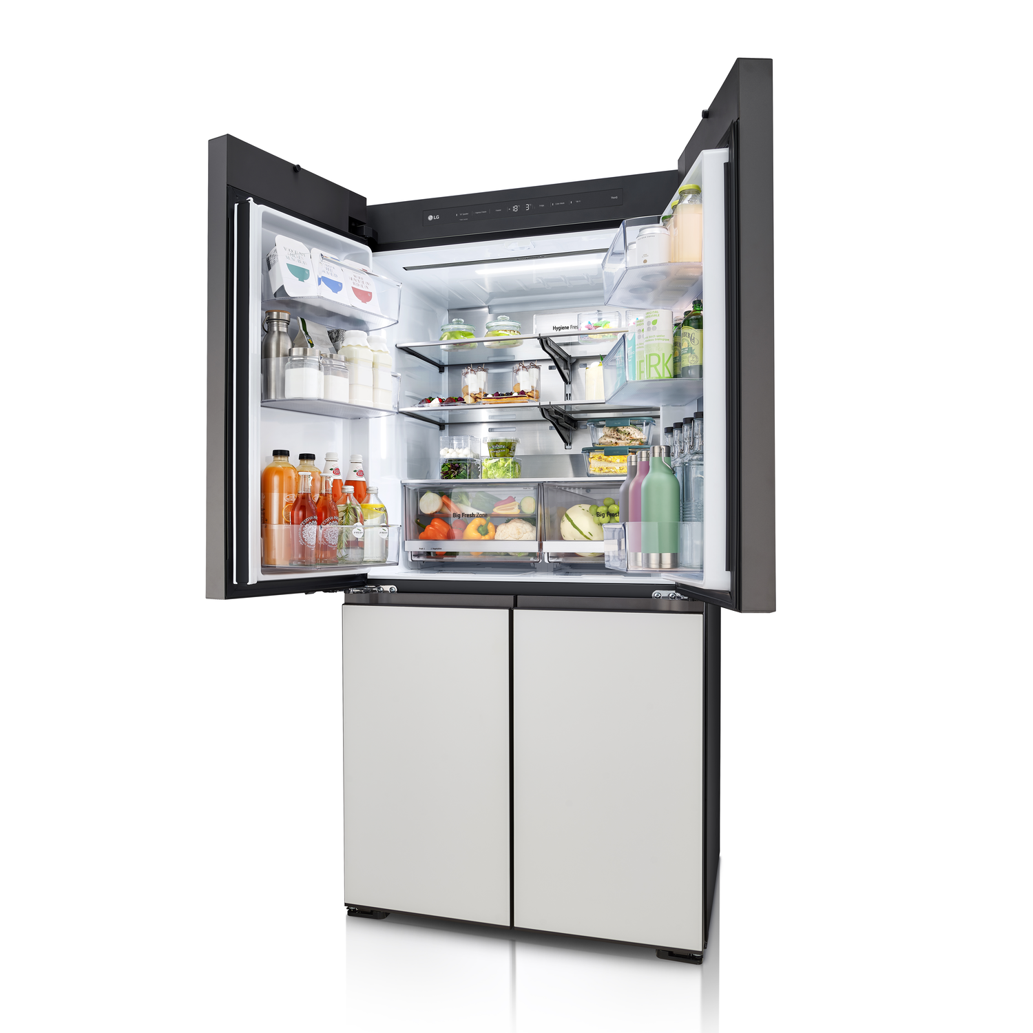 LG refrigerator with four doors open, revealing shelves with food and drinks.