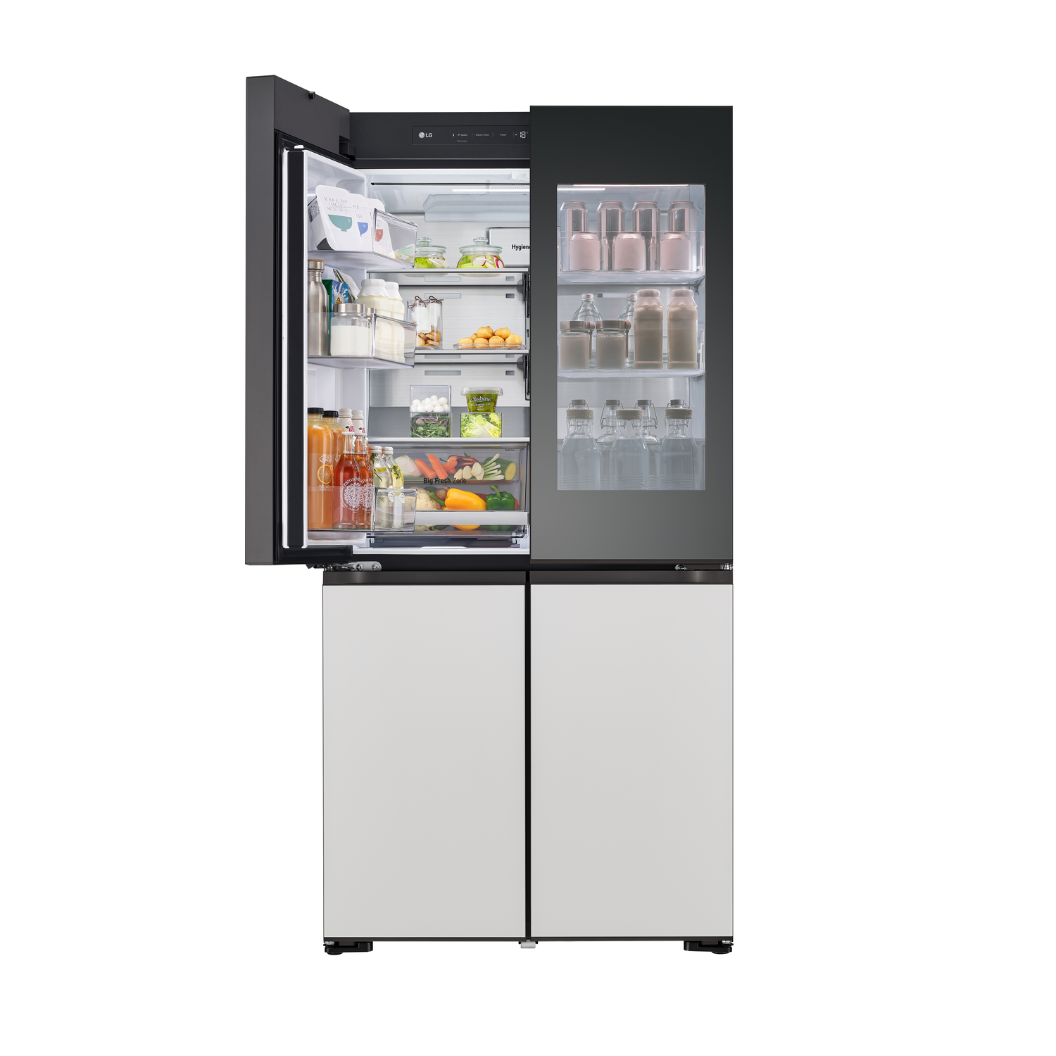 An open LG refrigerator with shelves full of food, seen on a white background.