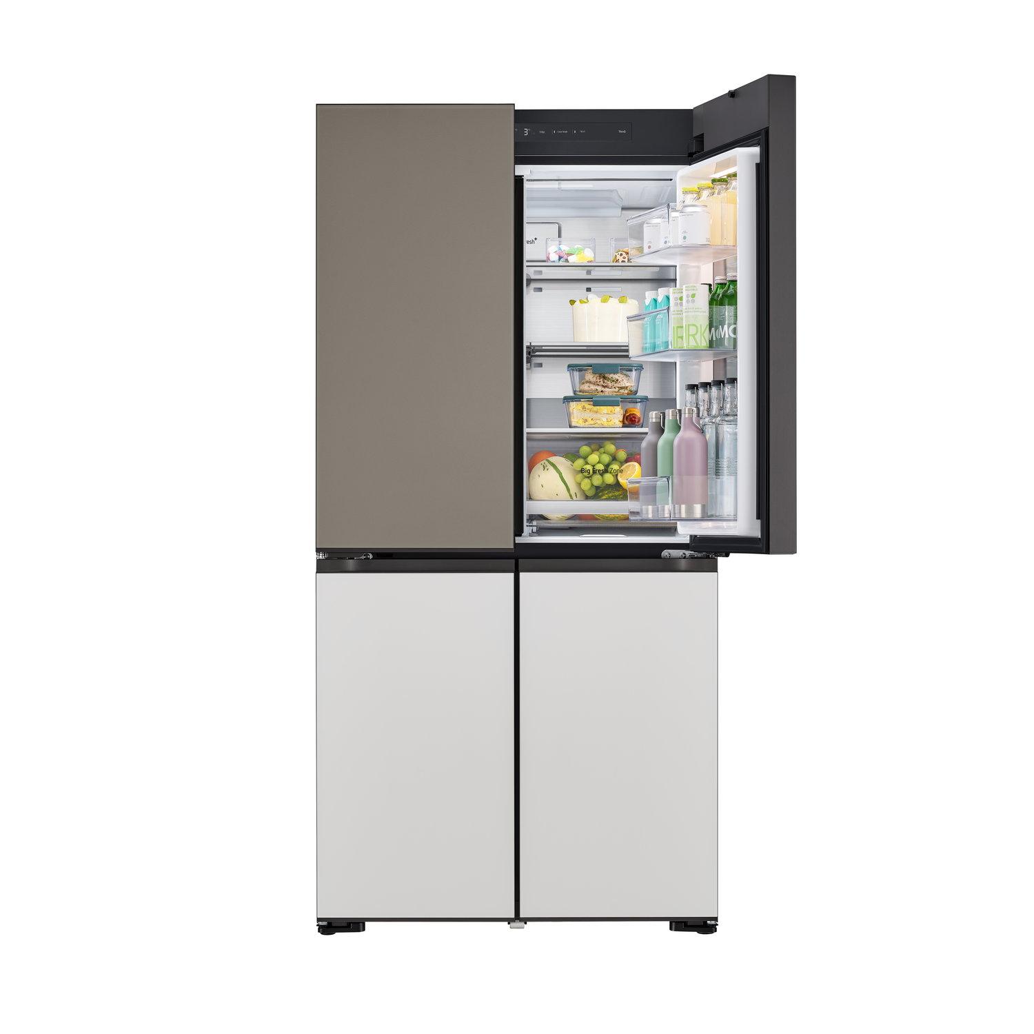 Modern refrigerator with open door revealing storage and contents.