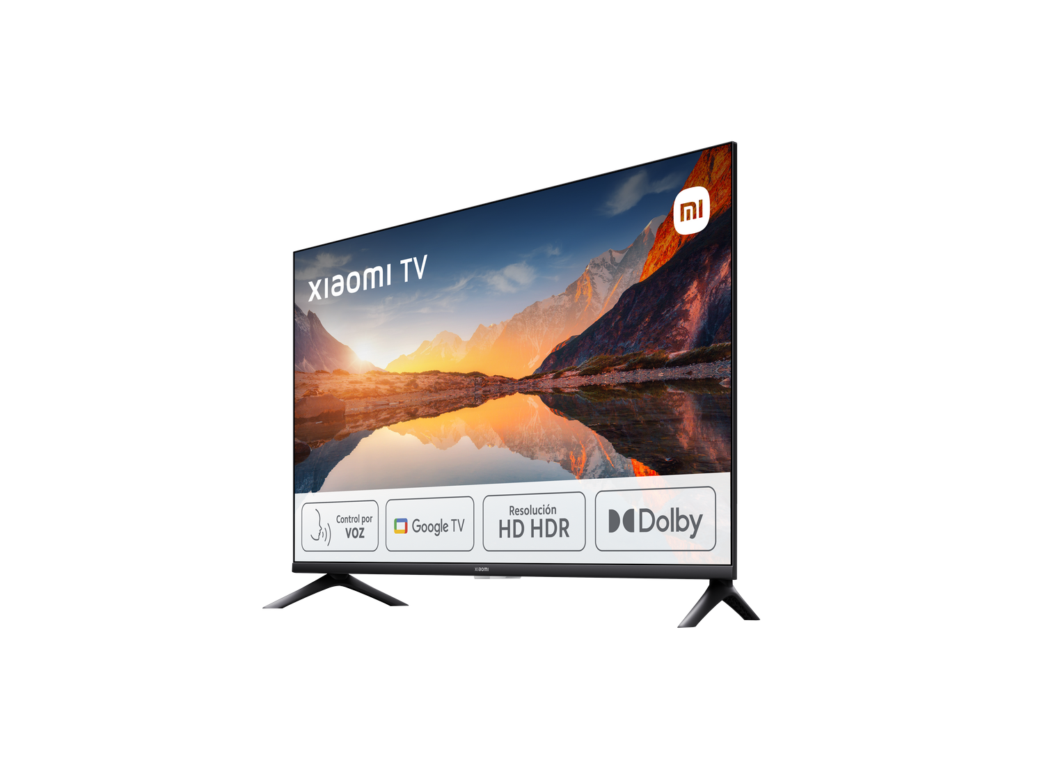 TV Xiaomi sobre fondo negro, pantalla mostrando un paisaje de atardecer, con logos en la parte inferior.