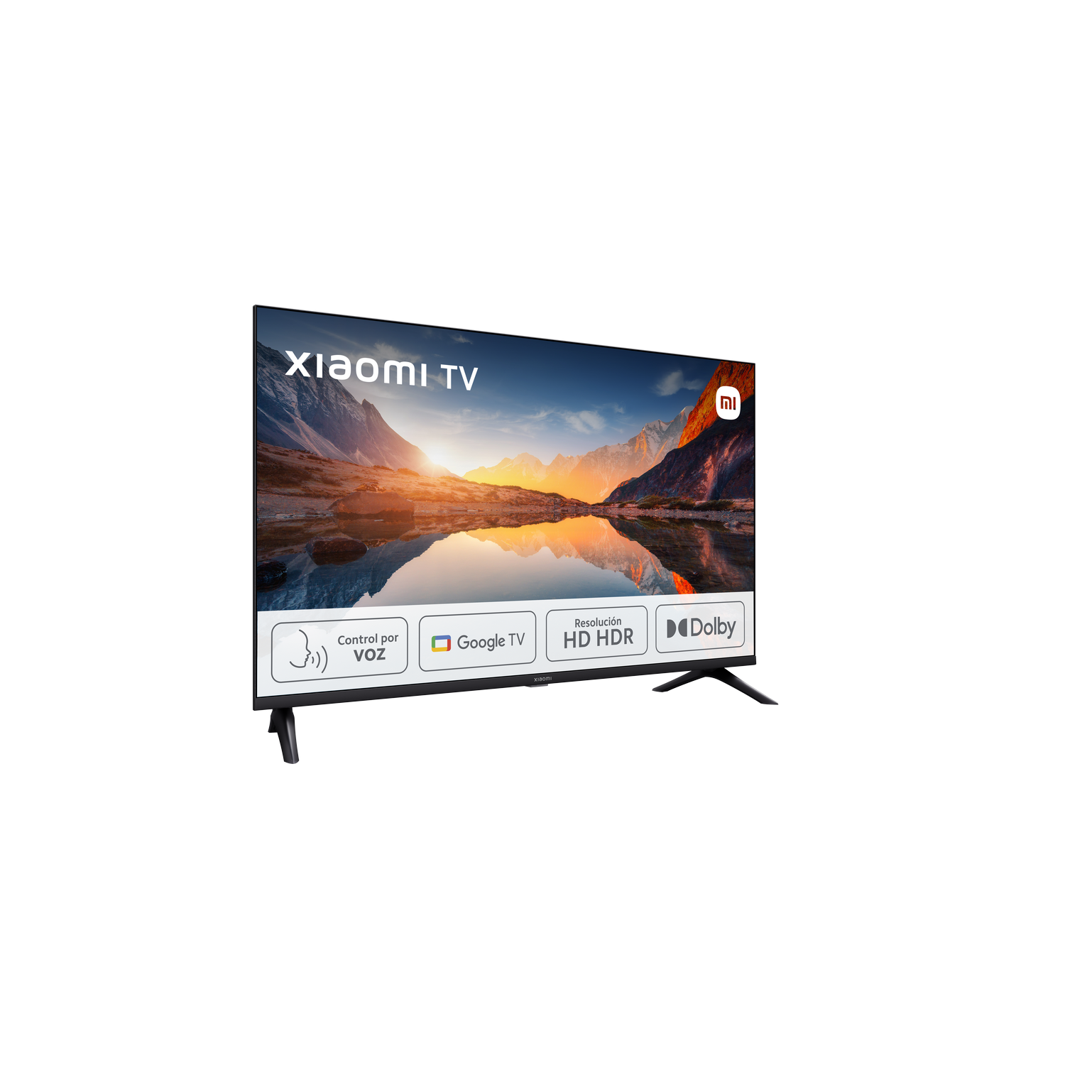 Una pantalla de TV Xiaomi muestra un paisaje. Texto e iconos visibles.