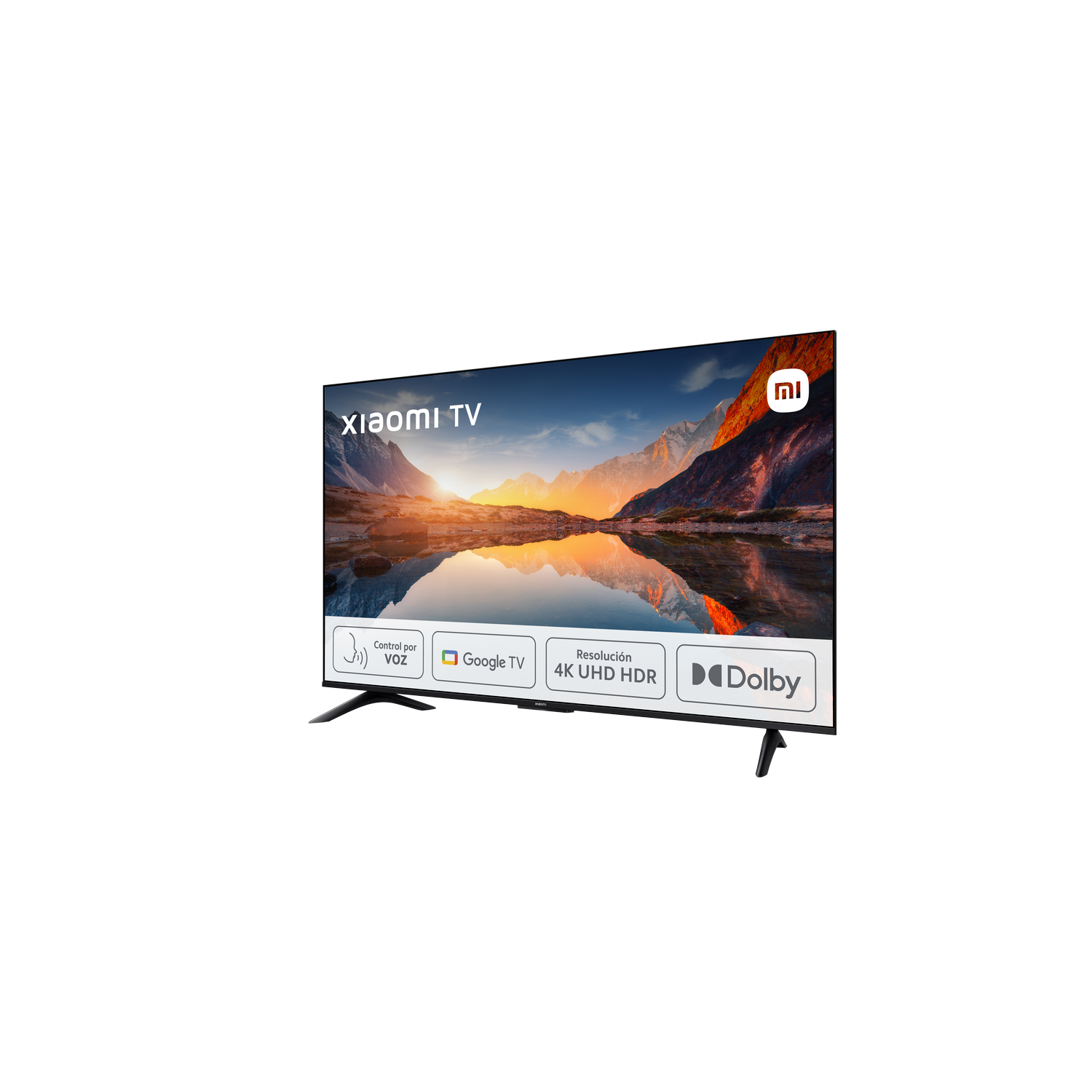 Televisor XIAOMI negro, en ángulo, sobre fondo negro.