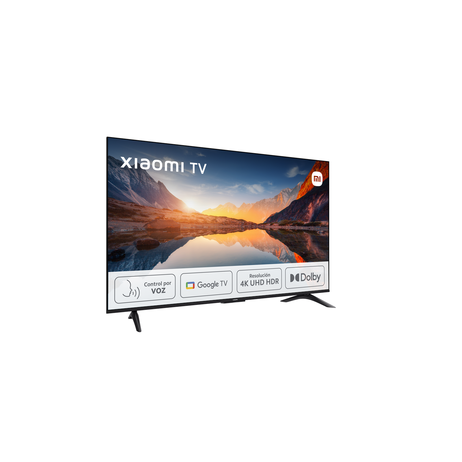 Un televisor Xiaomi negro con una escena de la naturaleza en la pantalla. Tiene un marco blanco y patas negras.