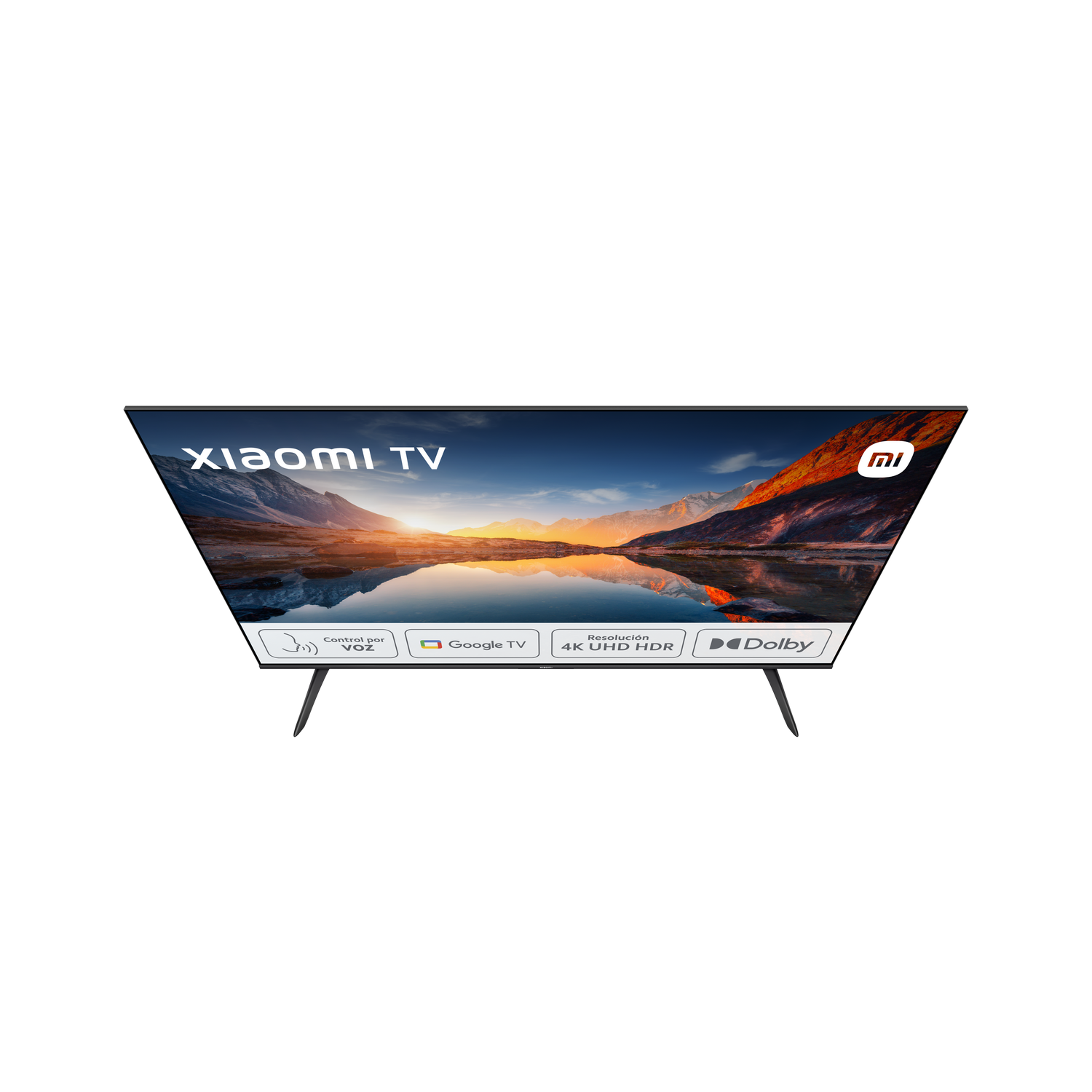 Televisor Xiaomi negro con paisaje en pantalla. Características: Control por voz, Google TV, 4K HDR.