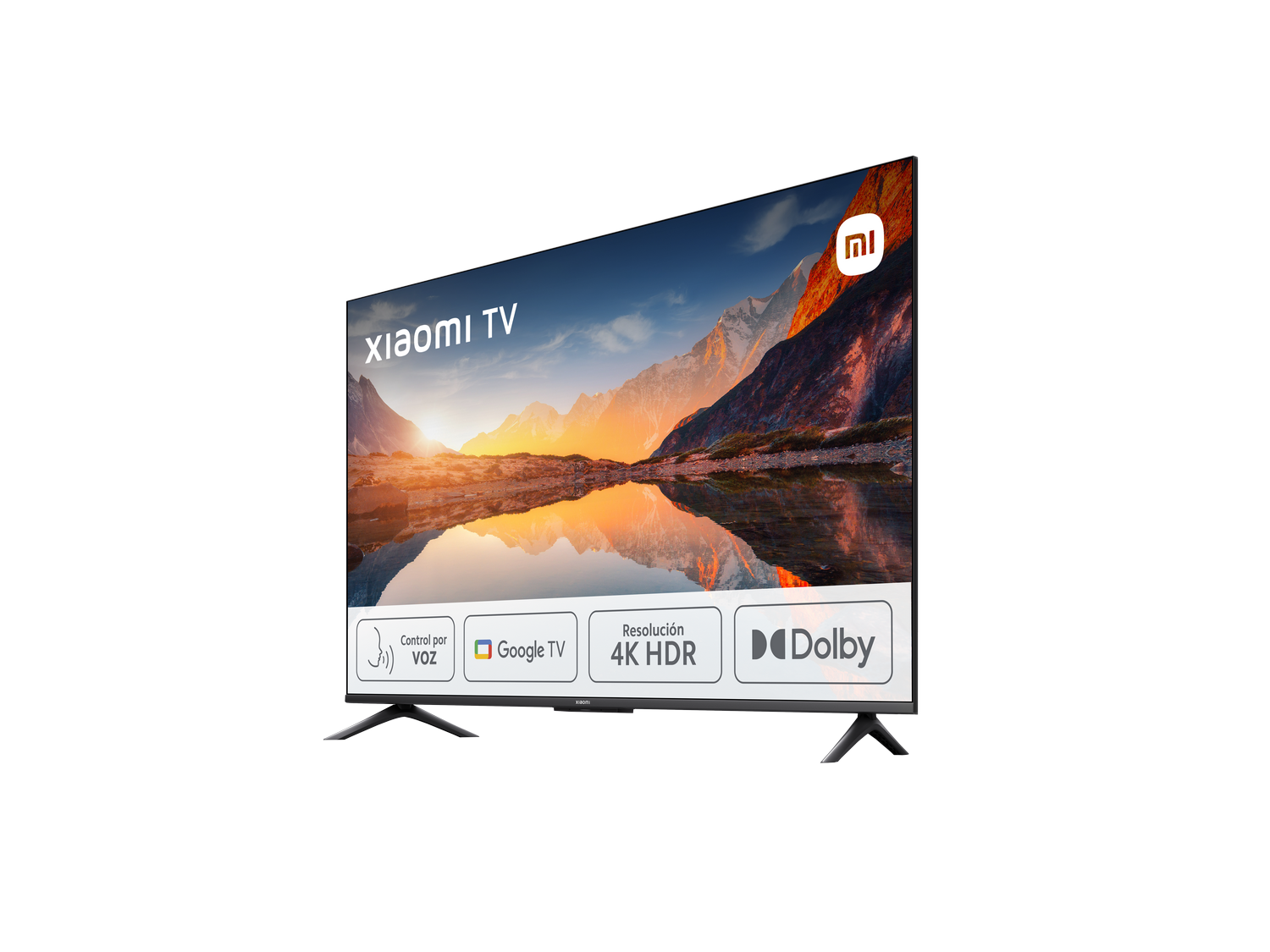 TV negro Xiaomi. En pantalla, atardecer sobre montañas. Con control por voz, 4K HDR y Dolby.