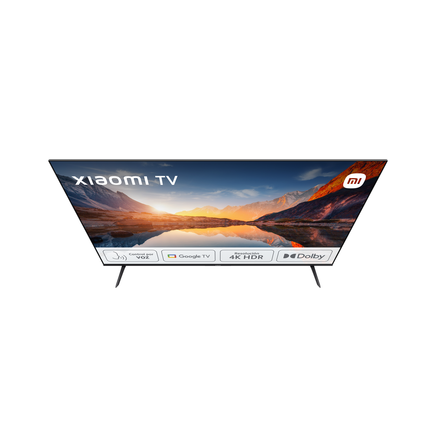 Un televisor Xiaomi con un paisaje en la pantalla. Sobre una mesa negra con fondo negro.