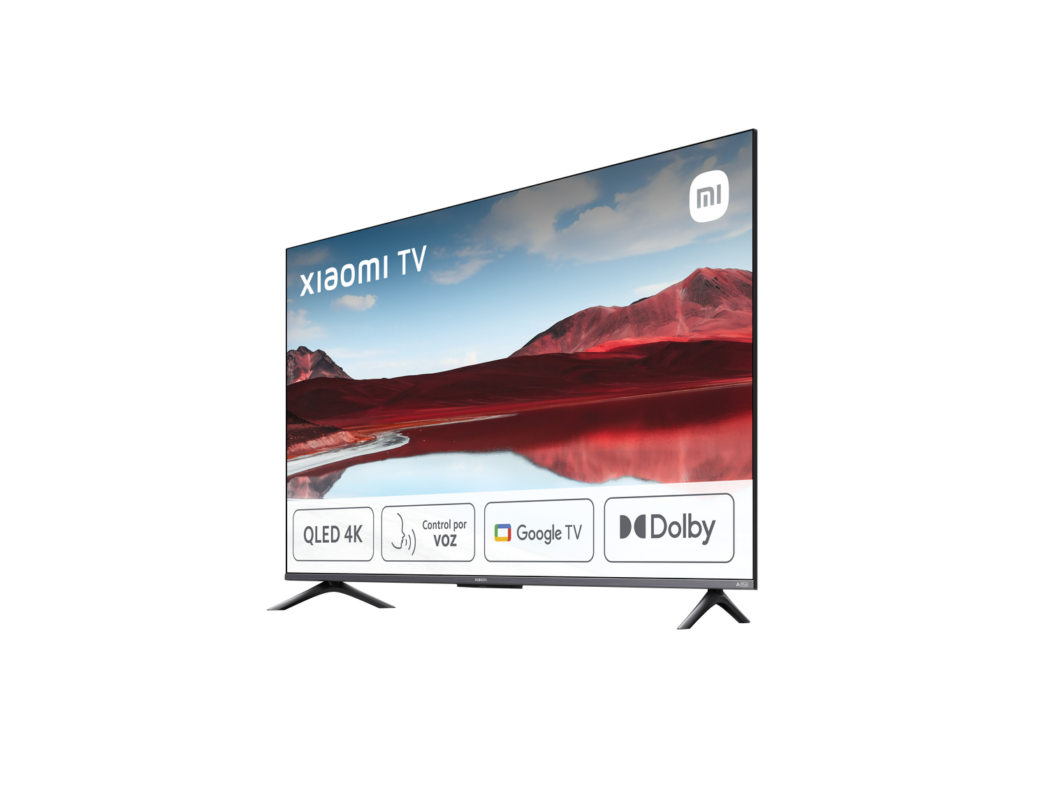 Un televisor Xiaomi negro sobre un fondo negro. Muestra una imagen vibrante en la pantalla.