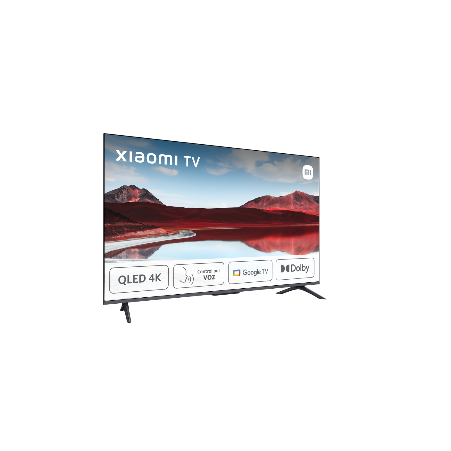 Un televisor negro con un marco delgado, que muestra una imagen de un paisaje y logotipos en la parte inferior.