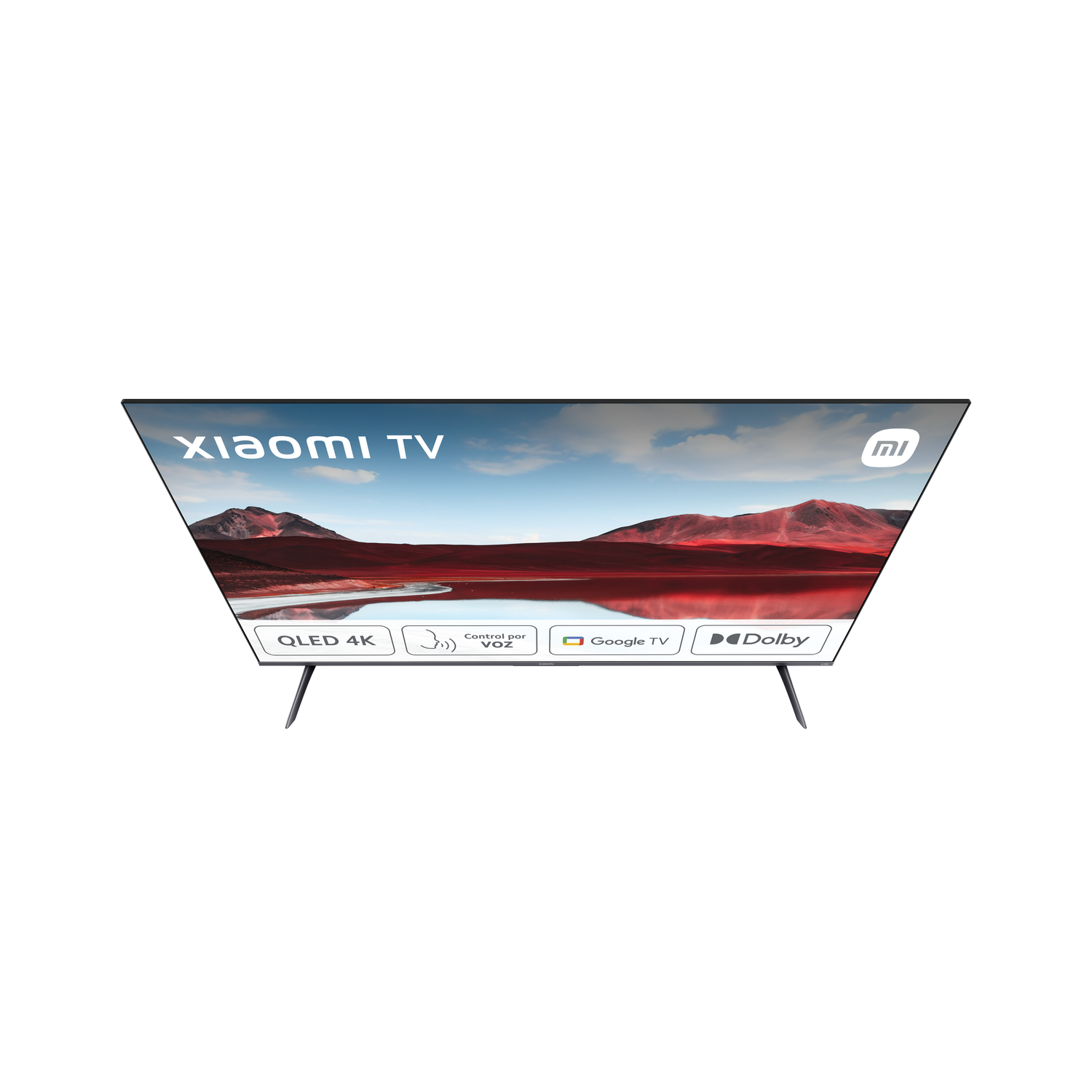 Vista superior de un televisor negro con la marca Xiaomi TV y un soporte.