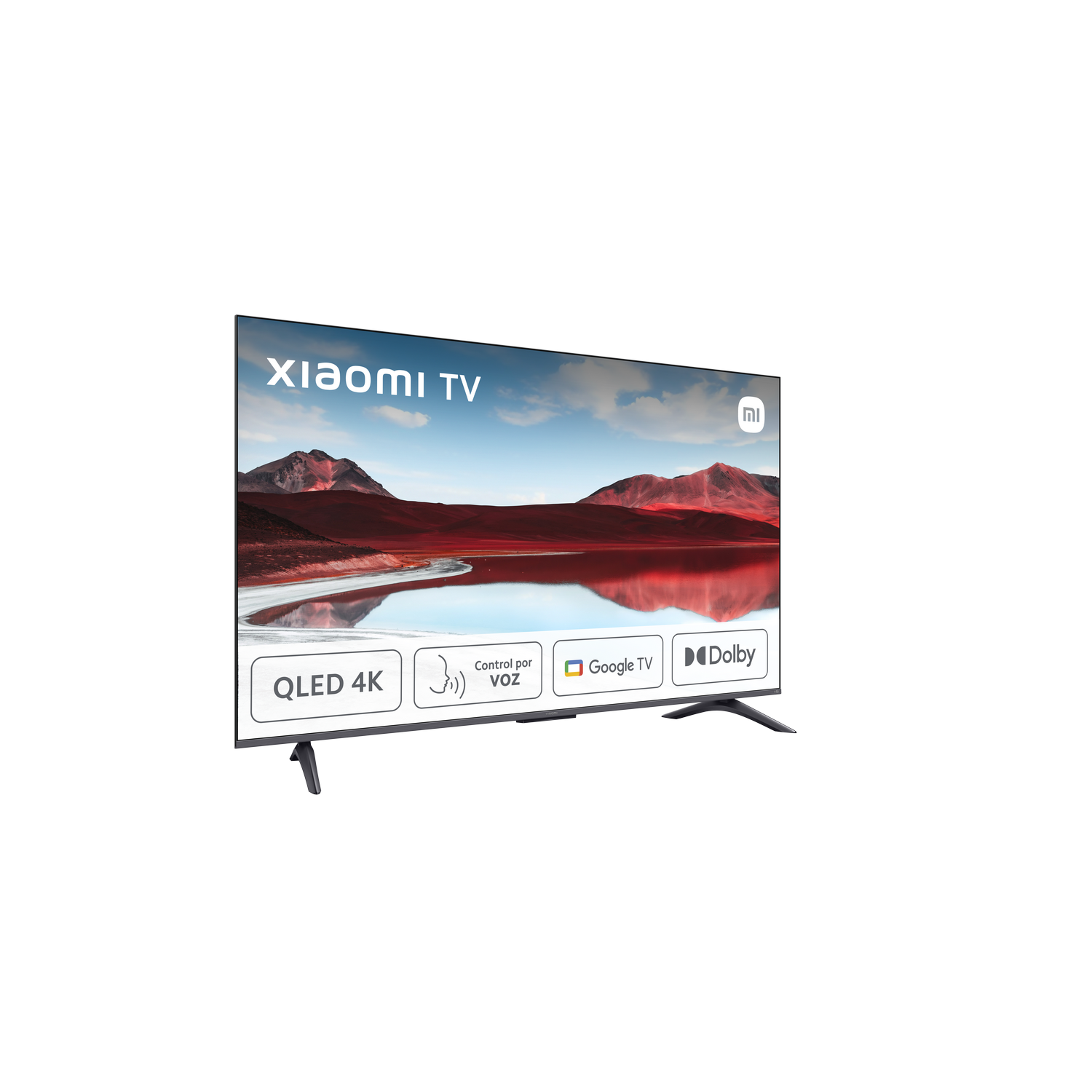 Xiaomi TV. Pantalla con paisaje de montañas rojas y lago. Características: QLED 4K, control por voz, Google TV y Dolby.
