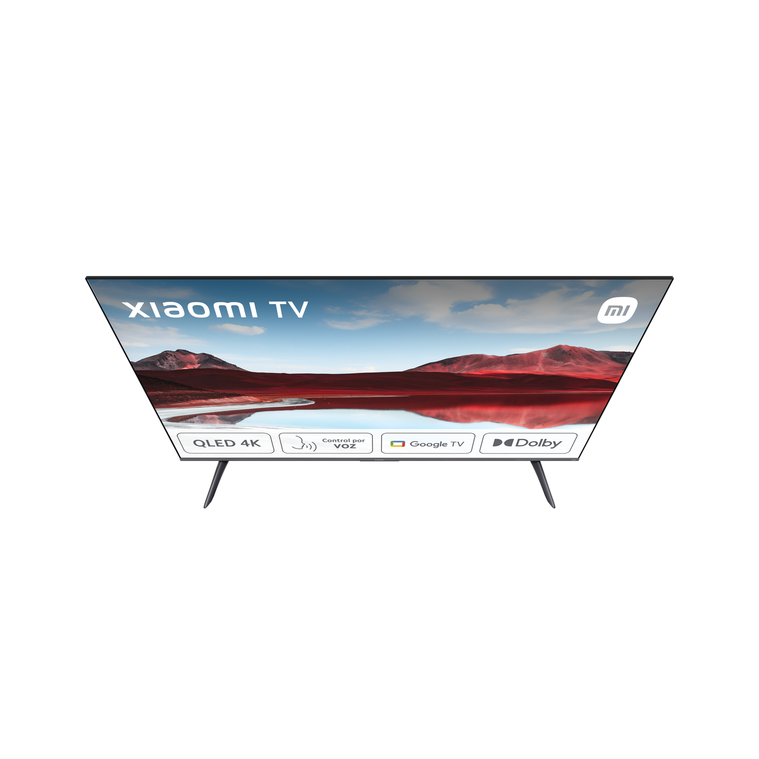 Vista superior de una pantalla de TV Xiaomi, mostrando un paisaje de montaña.