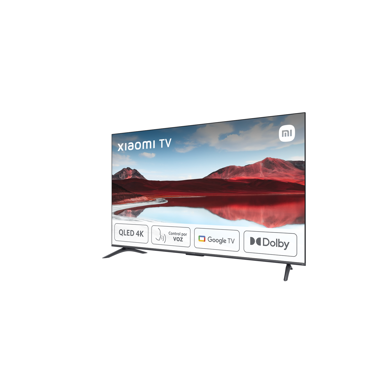 Xiaomi TV, QLED 4K, vista lateral, marco negro, con características.