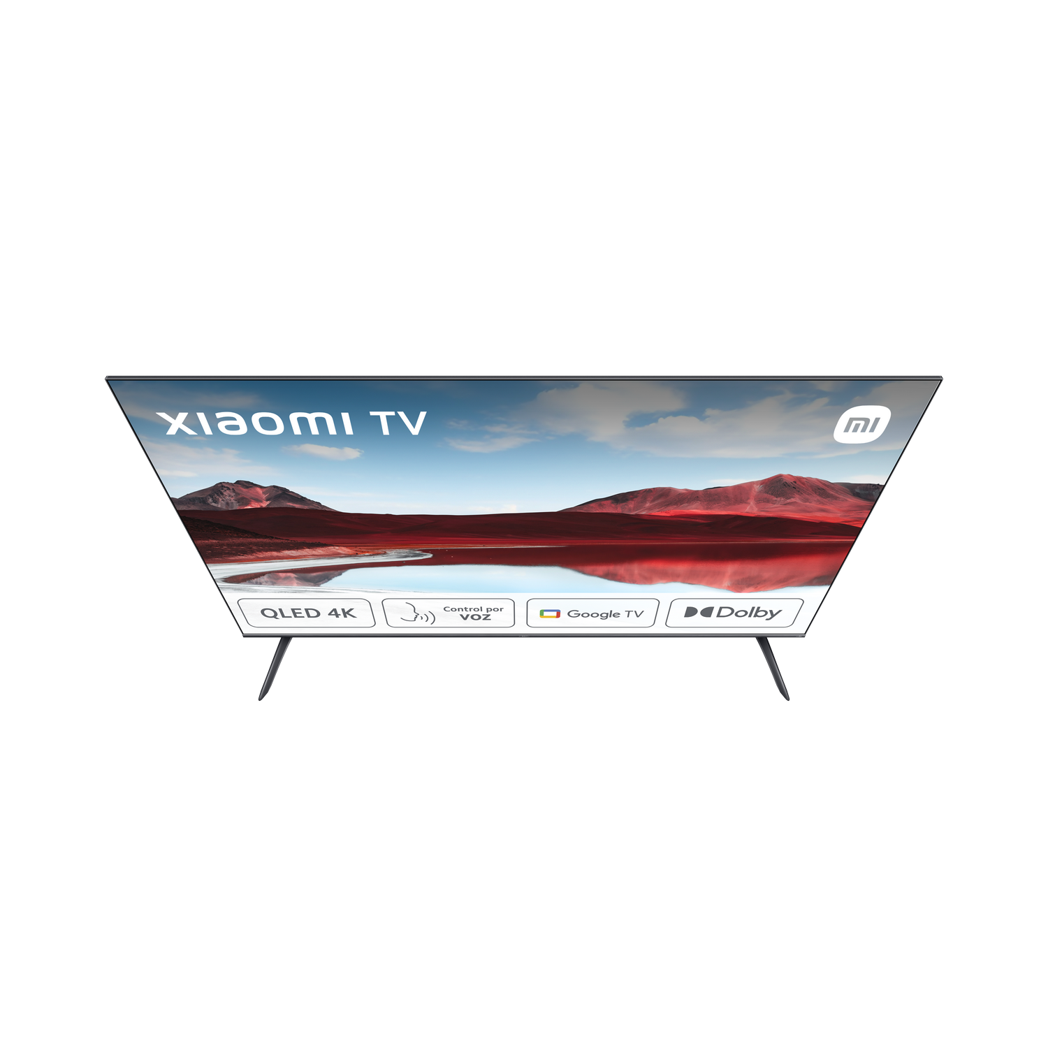 Xiaomi TV. La pantalla muestra una escena de montaña. El televisor tiene un soporte y marco negro.