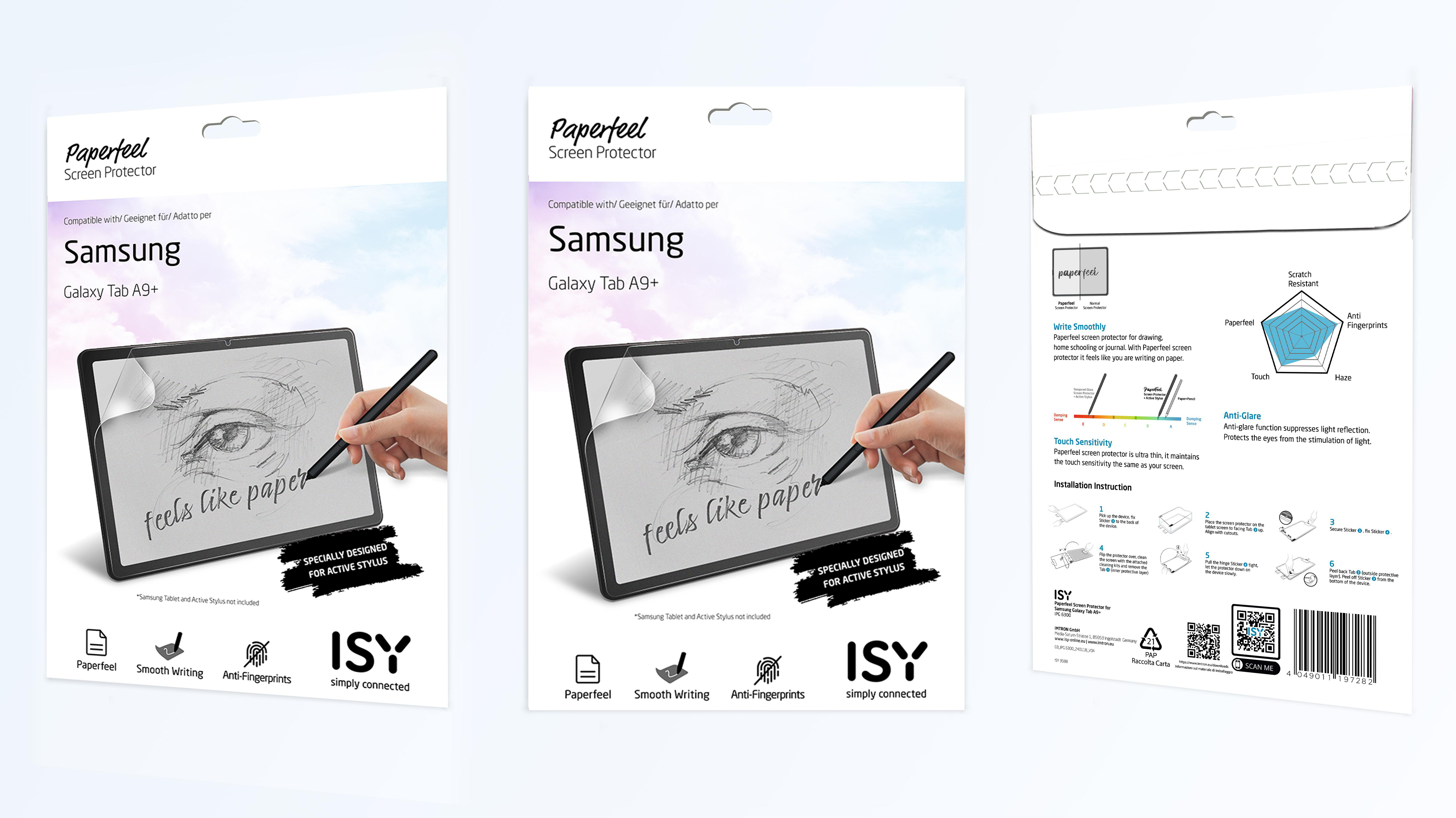 Drei Tablet-Displayschutz-Verpackungen mit Tablet und Stift.