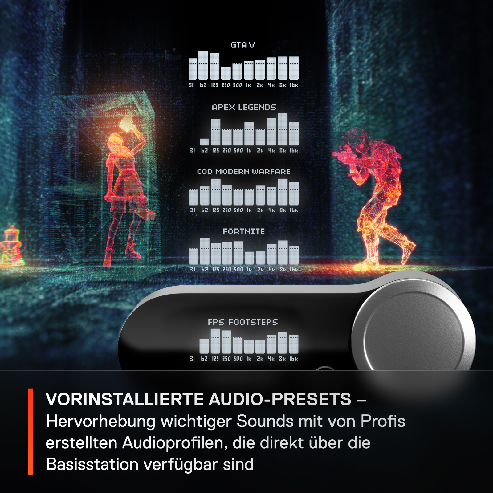 Visuals mit Audio-Presets für verschiedene Spiele, mit grafischen Equalizer-Balken.