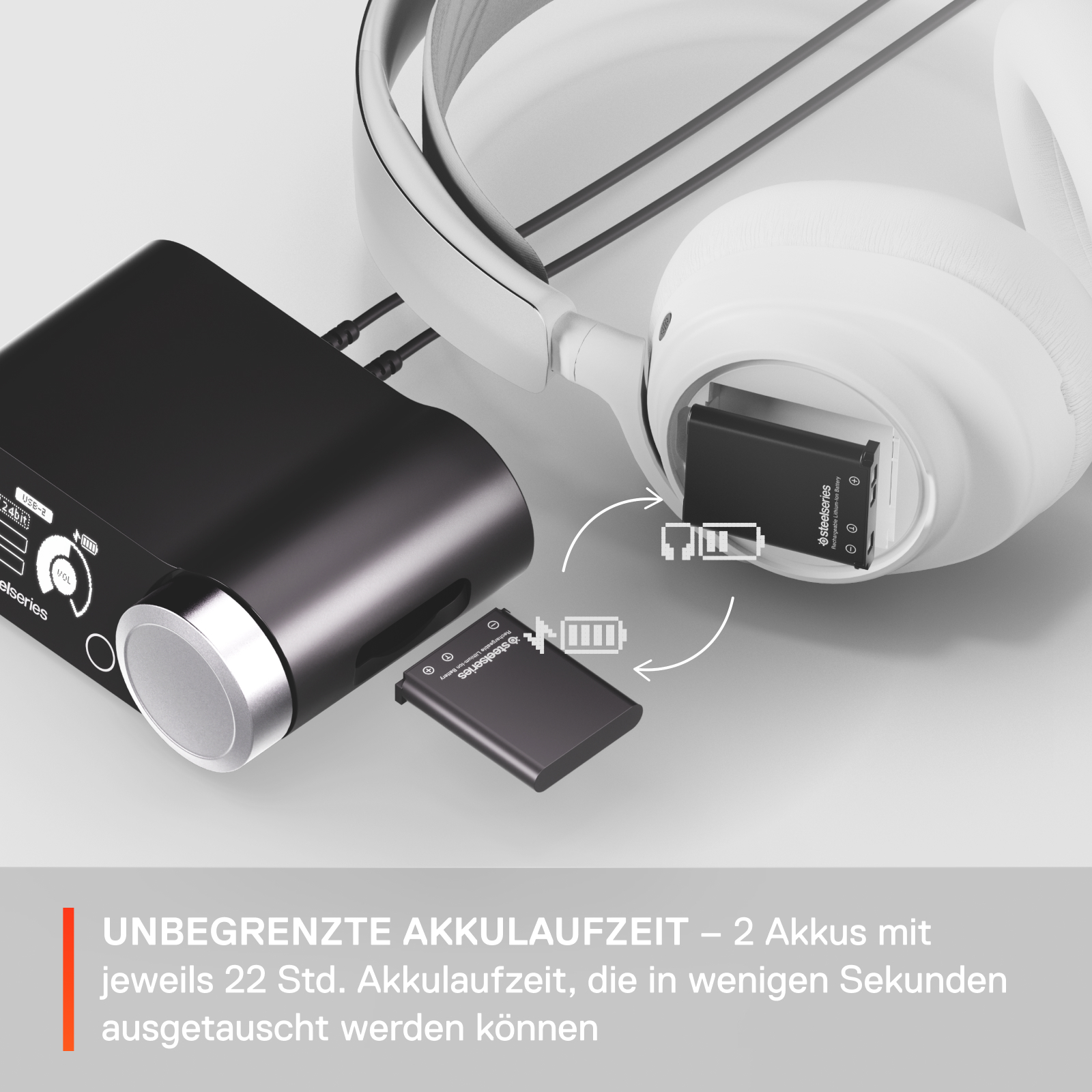 Ein schwarzer Audio-Empfänger mit Batteriewechseln. Weiße Kopfhörer sind im Hintergrund sichtbar.