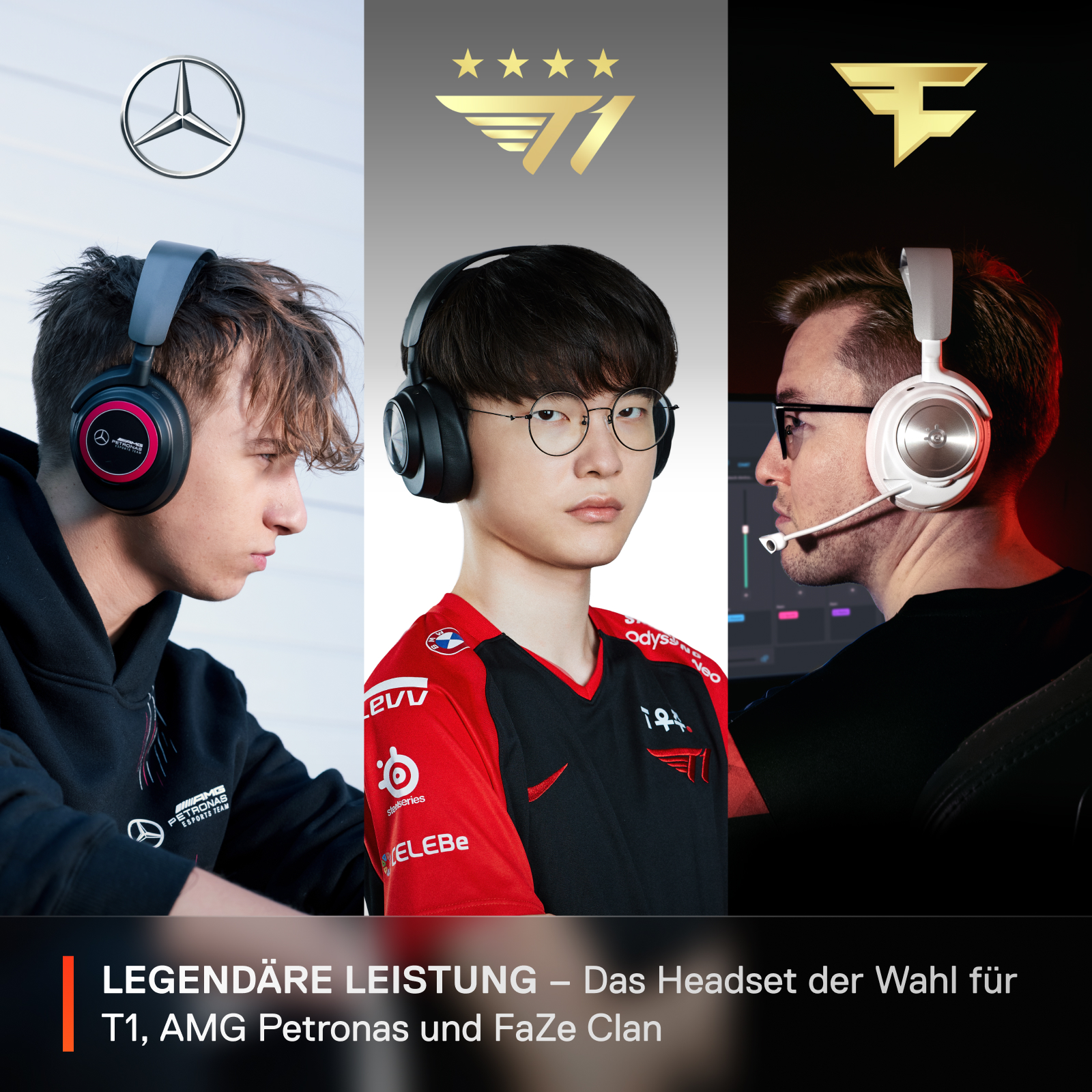 Drei Personen, die jeweils ein Headset tragen. Logos von Mercedes, T1 und FaZe Clan sind sichtbar.