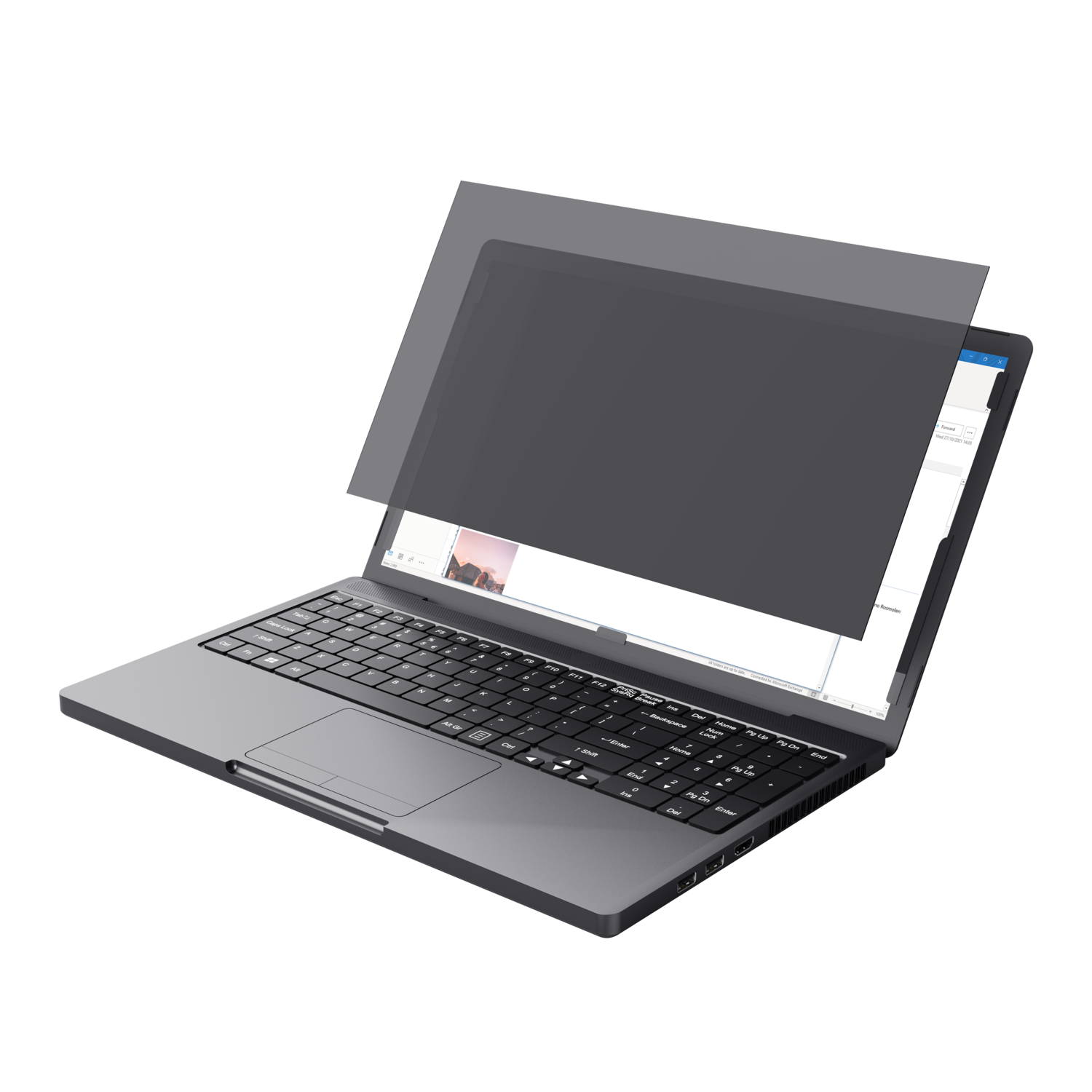 Laptop met privacy screen aan, met een scherm met een afbeelding en een document.
