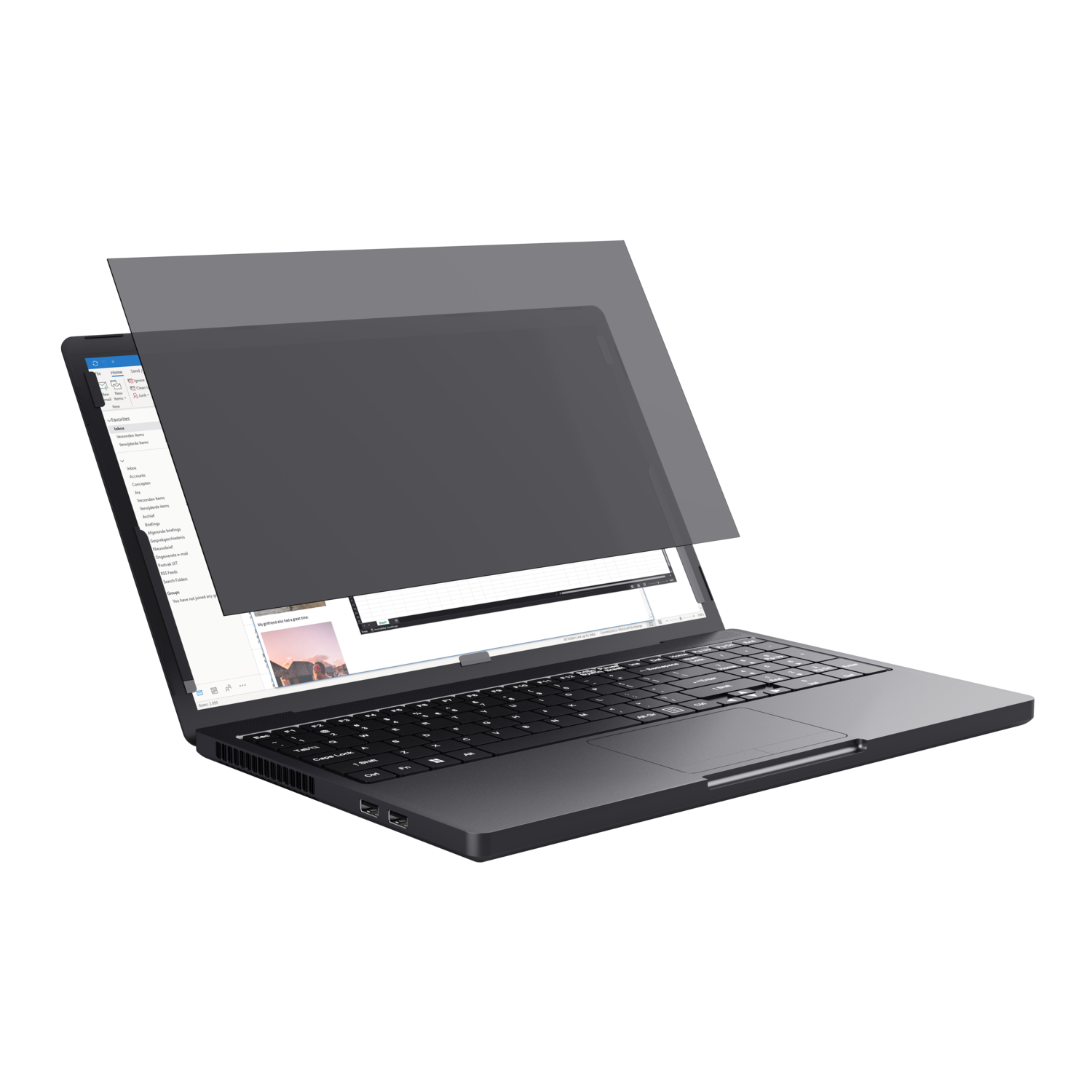 A laptop with a privacy screen is open on a dark surface, with a black background.