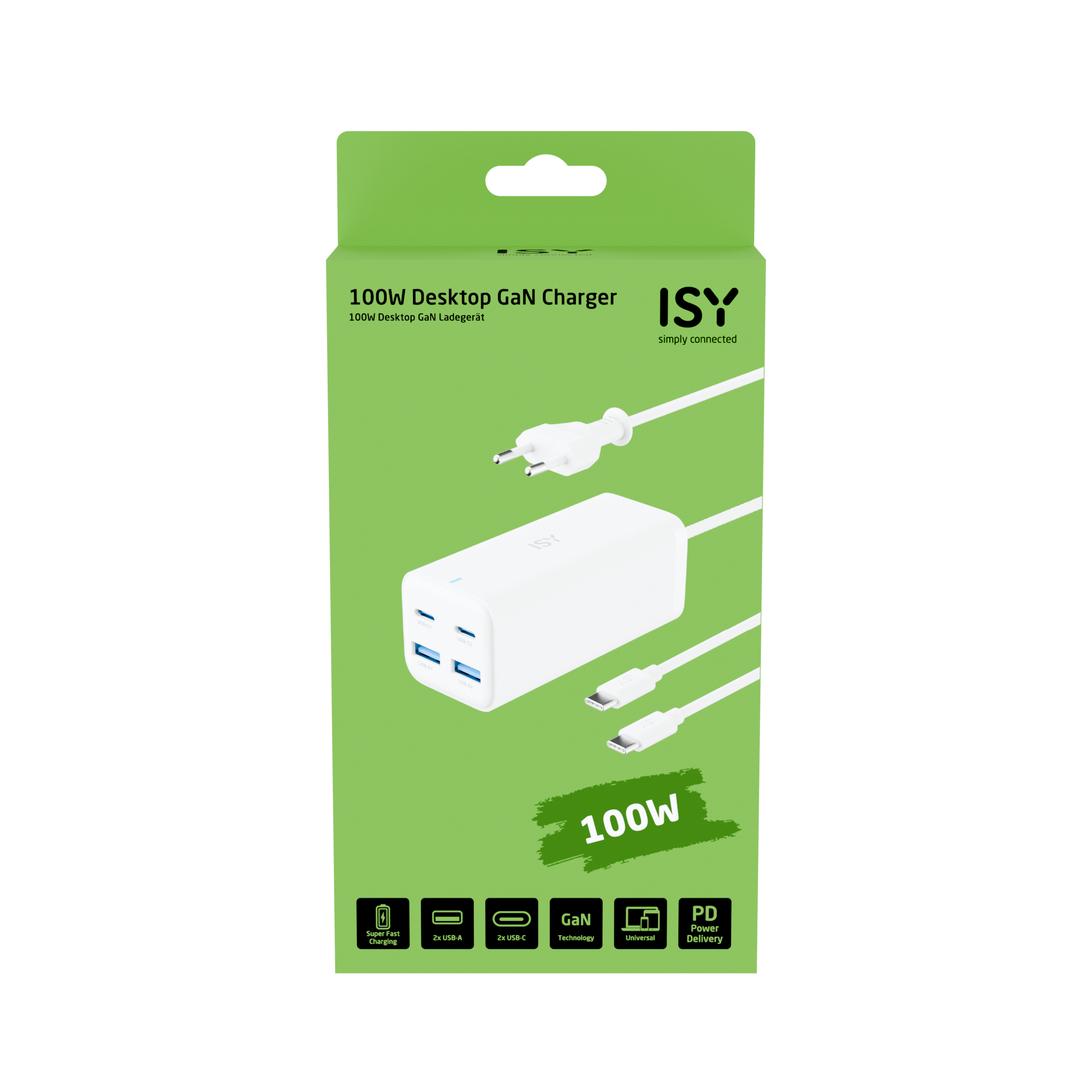 Grüne Box mit weißem Ladegerät und mehreren USB-Anschlüssen.