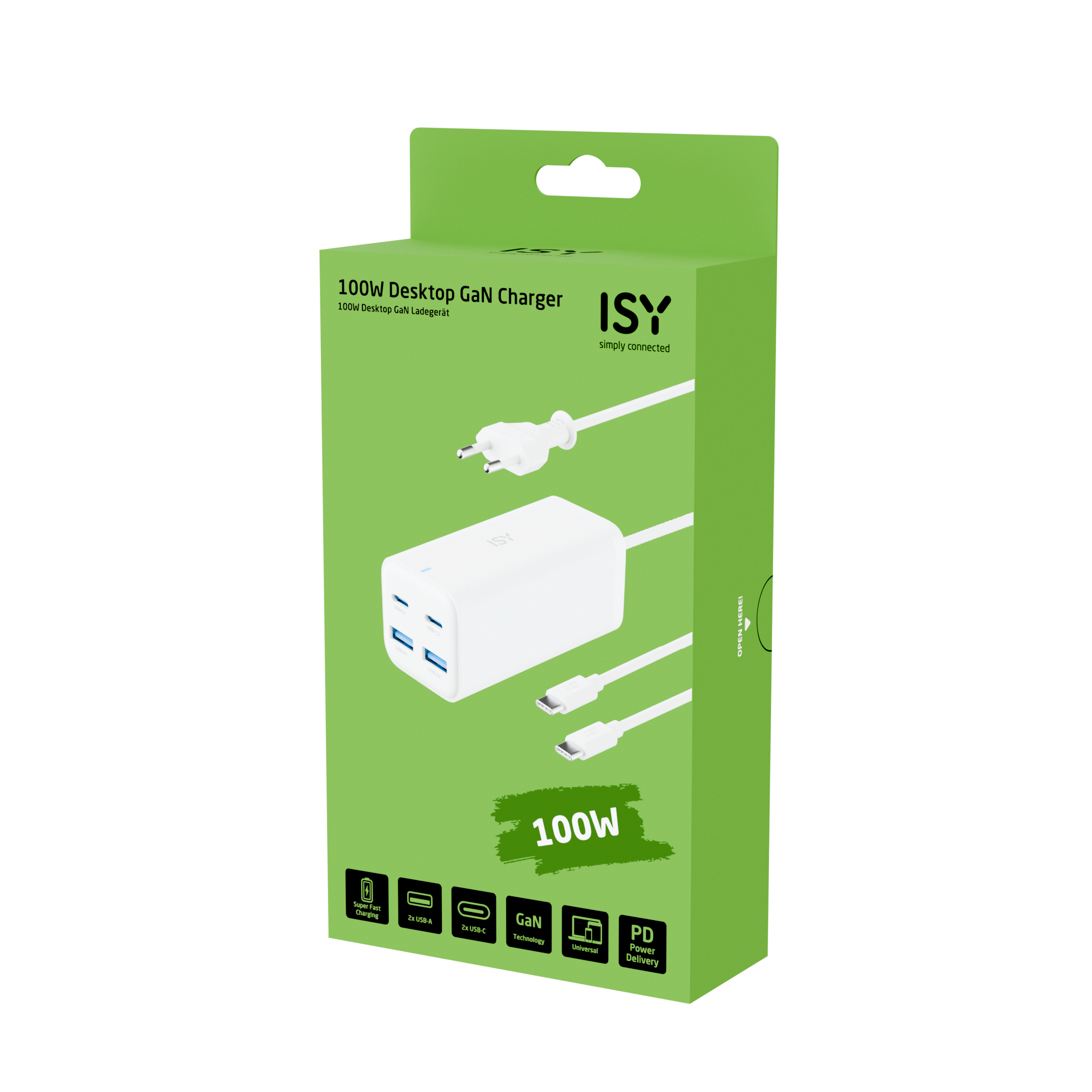 Ein weißes 100W GaN-Ladegerät in einer grünen Box, mit Kabel und verschiedenen Adaptersteckern.