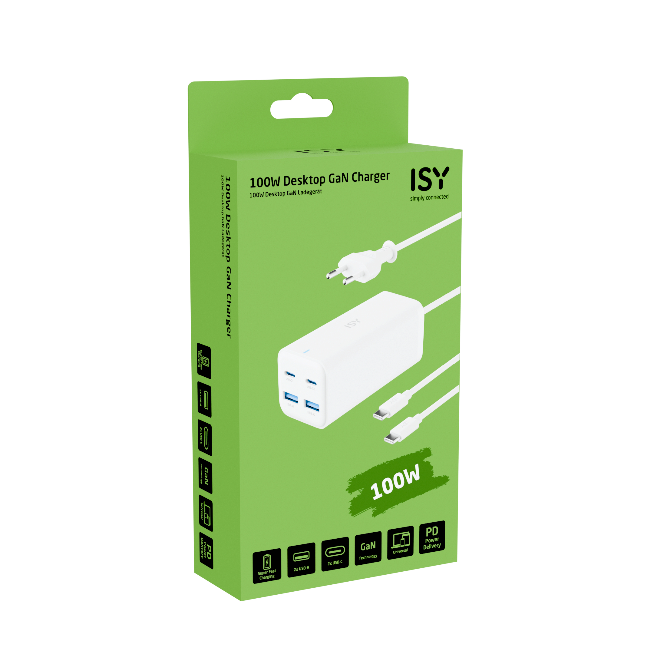 Verpacktes 100W GaN-Ladegerät. Weißes Ladegerät mit mehreren Anschlüssen, Kabeln und Produktdetails.
