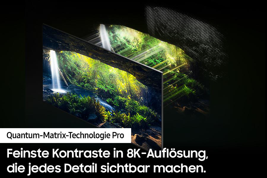 Ein Fernsehbildschirm zeigt eine lebendige Naturszene mit deutschem Text.