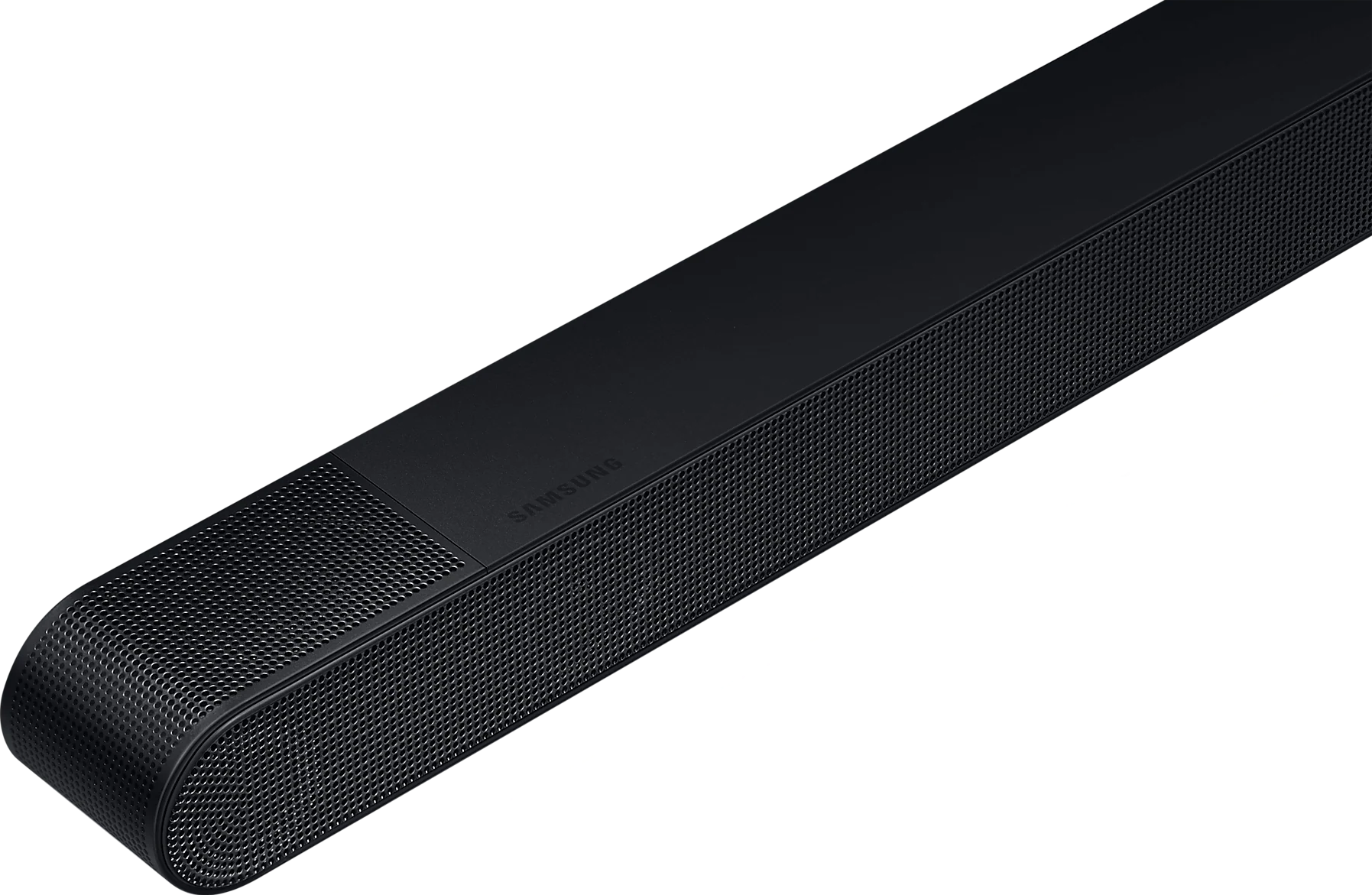 Barre de son noire avec logo Samsung. Elle a un design perforé et est sur fond blanc.