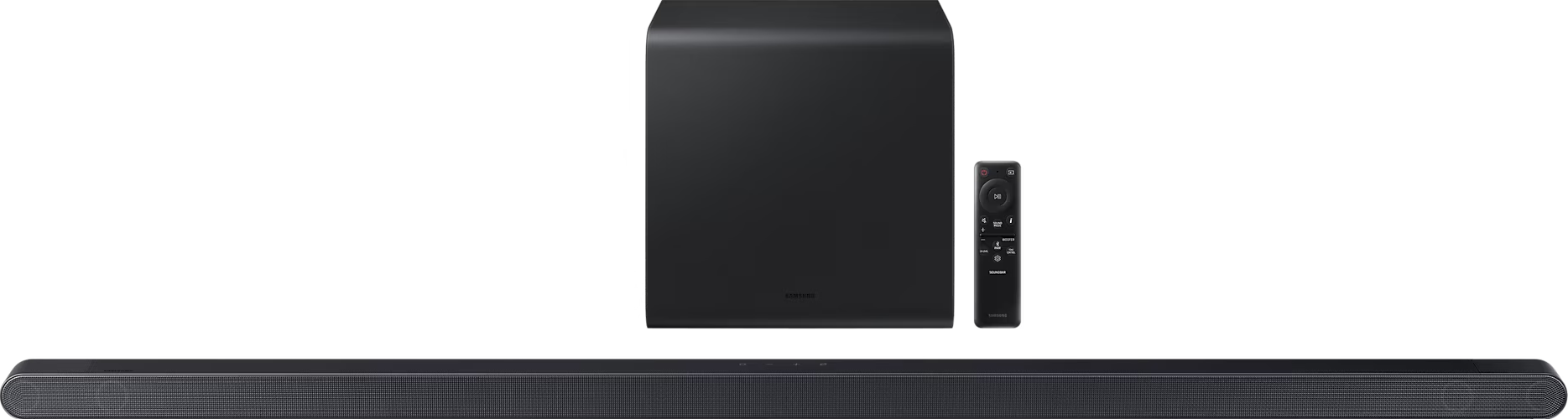 Barre de son noire, caisson de basses noir et télécommande noire, sur fond noir.