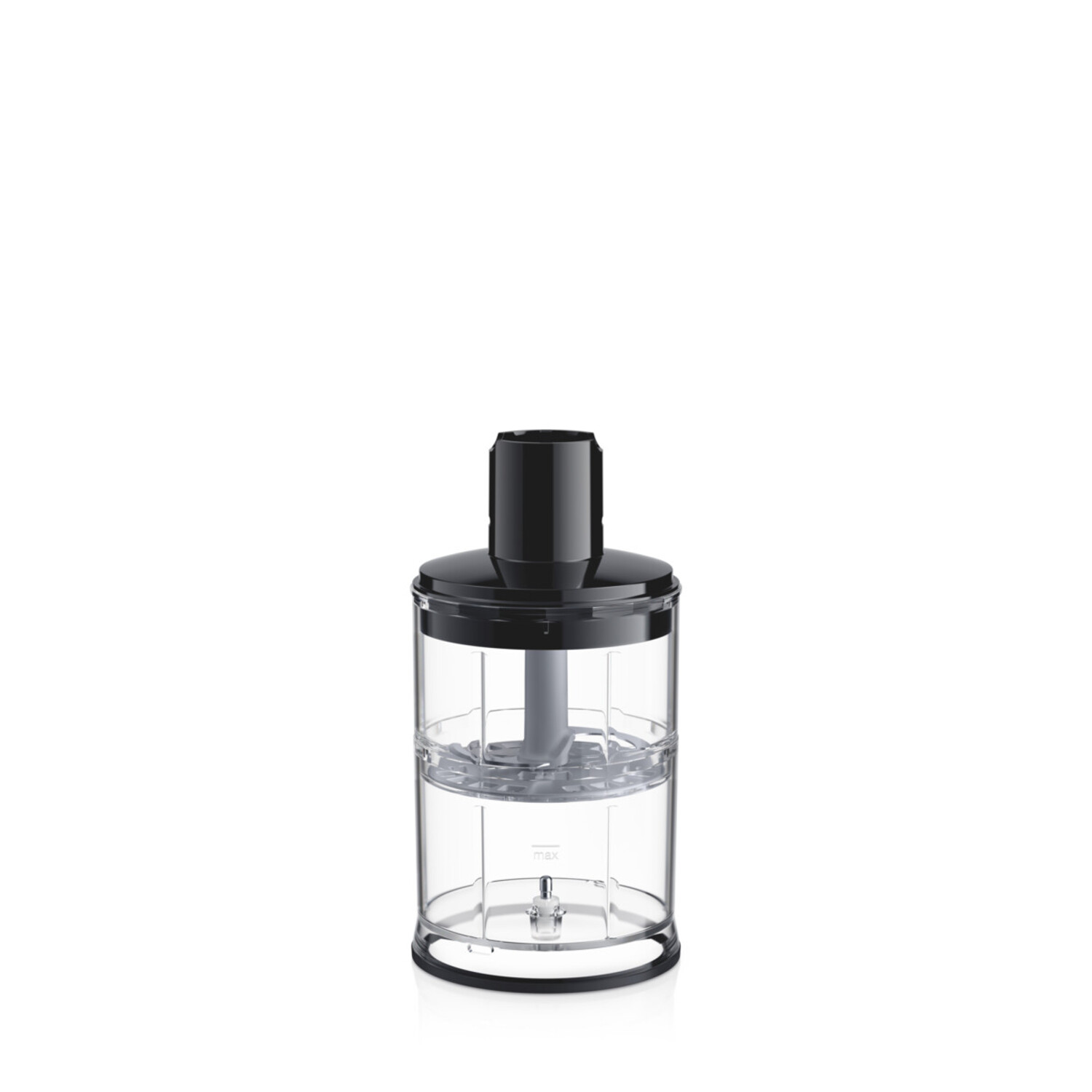 A small, clear, cylindrical food processor with a black top and a gray blade.