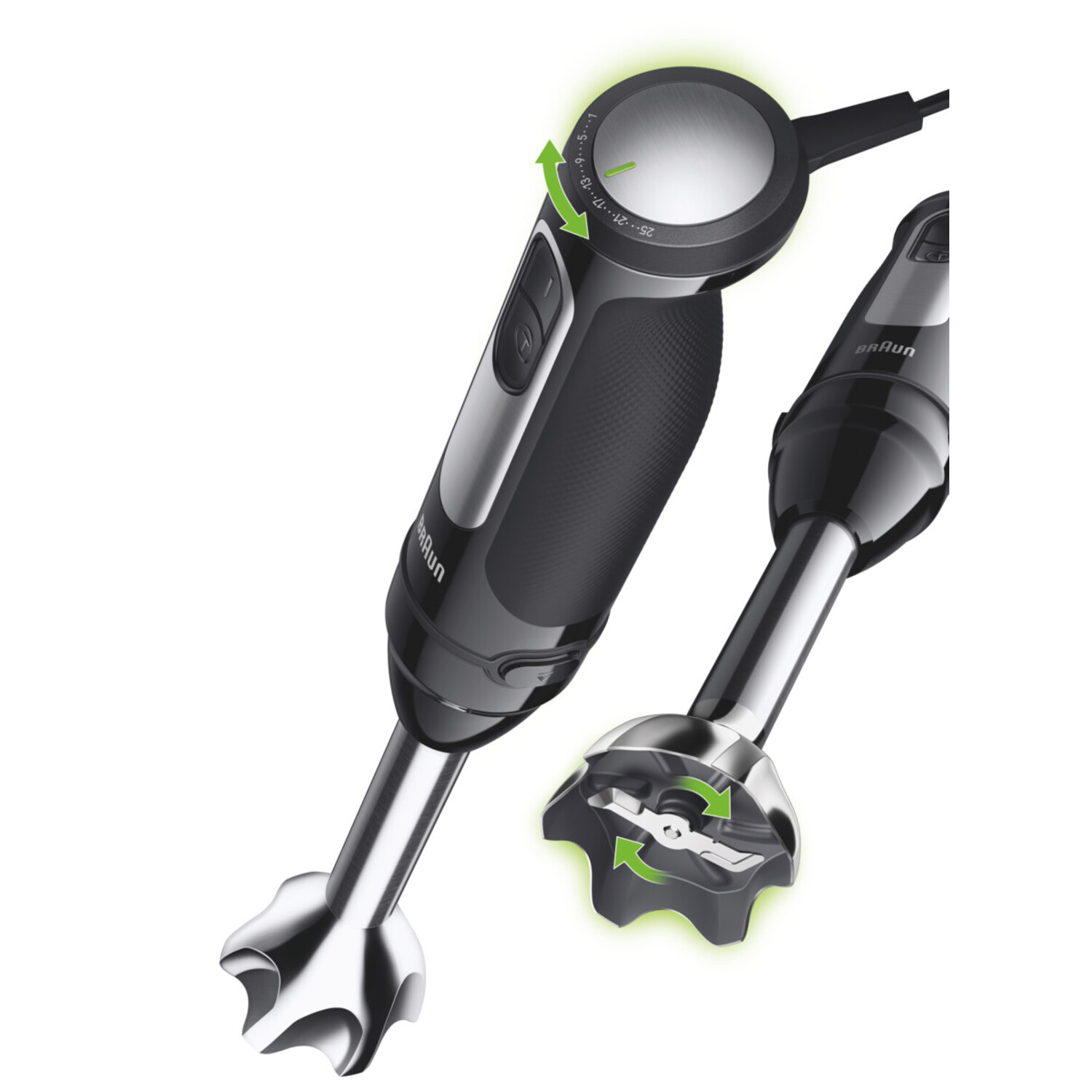 Two black Braun hand blenders. One has a blade attachment, and the other has a dial at the top.