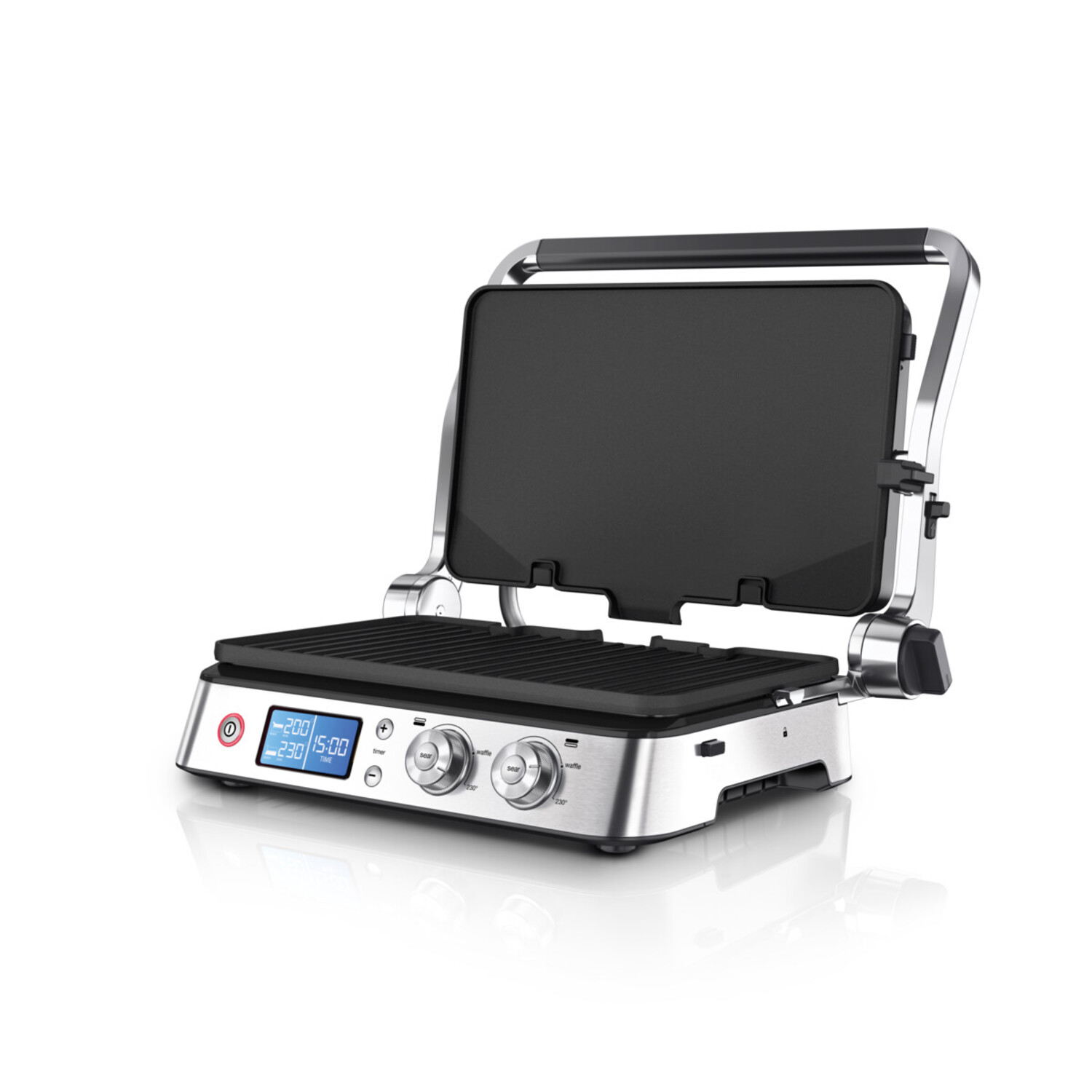 Een roestvrijstalen grill met een open deksel, digitaal display en bedieningsknoppen.