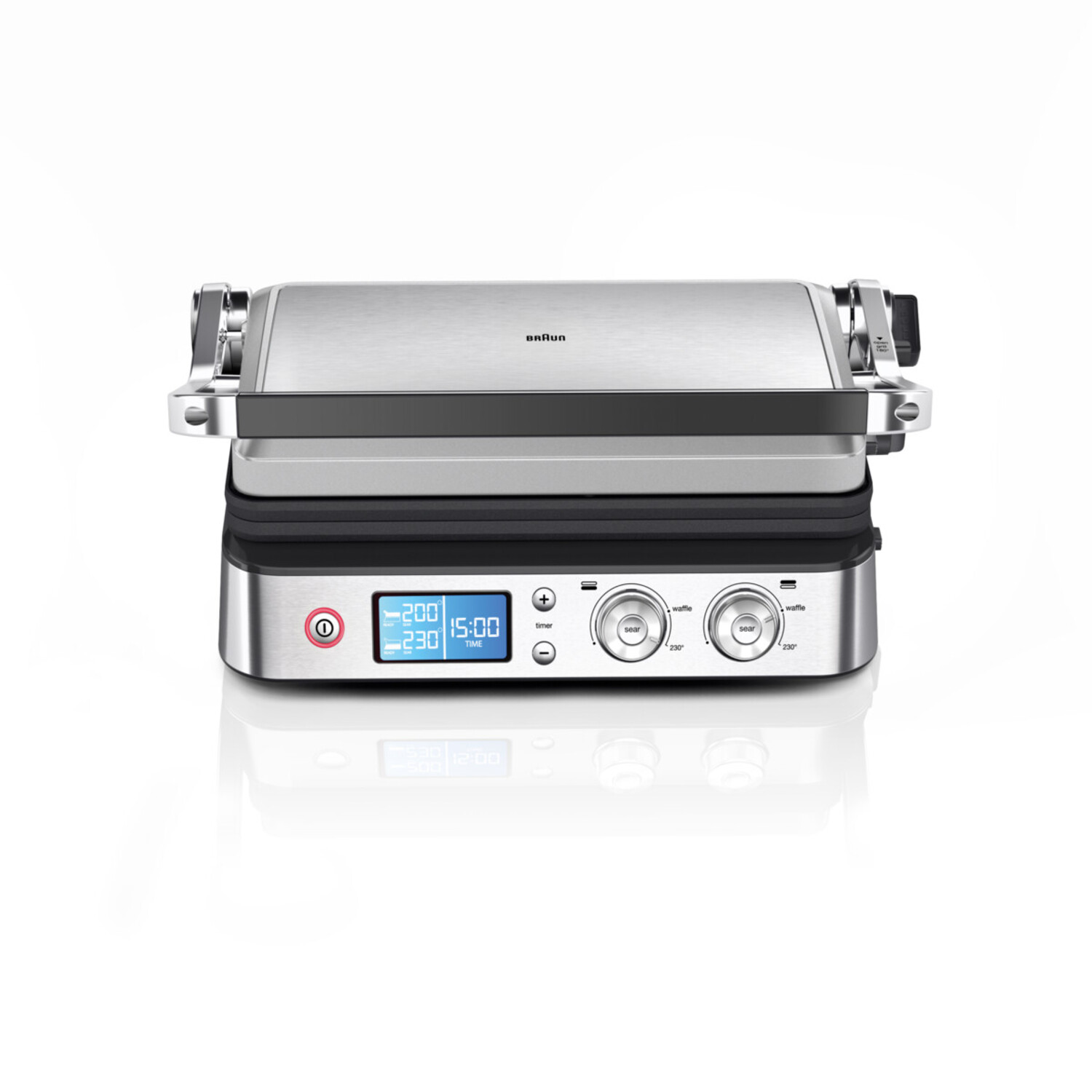 Zilveren grill met digitaal display. Toont temperatuur- en timertijdinstellingen. Witte achtergrond.