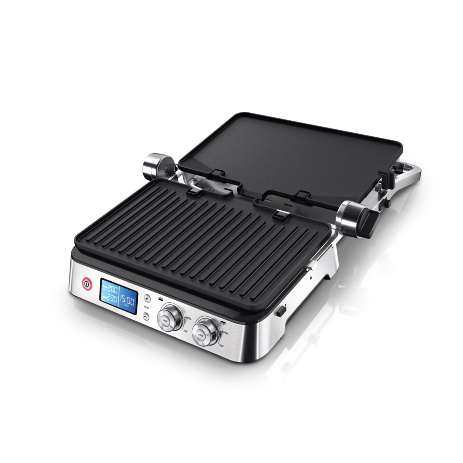 Zilveren en zwarte grill met open deksel, digitaal display en bedieningsknoppen op een witte achtergrond.