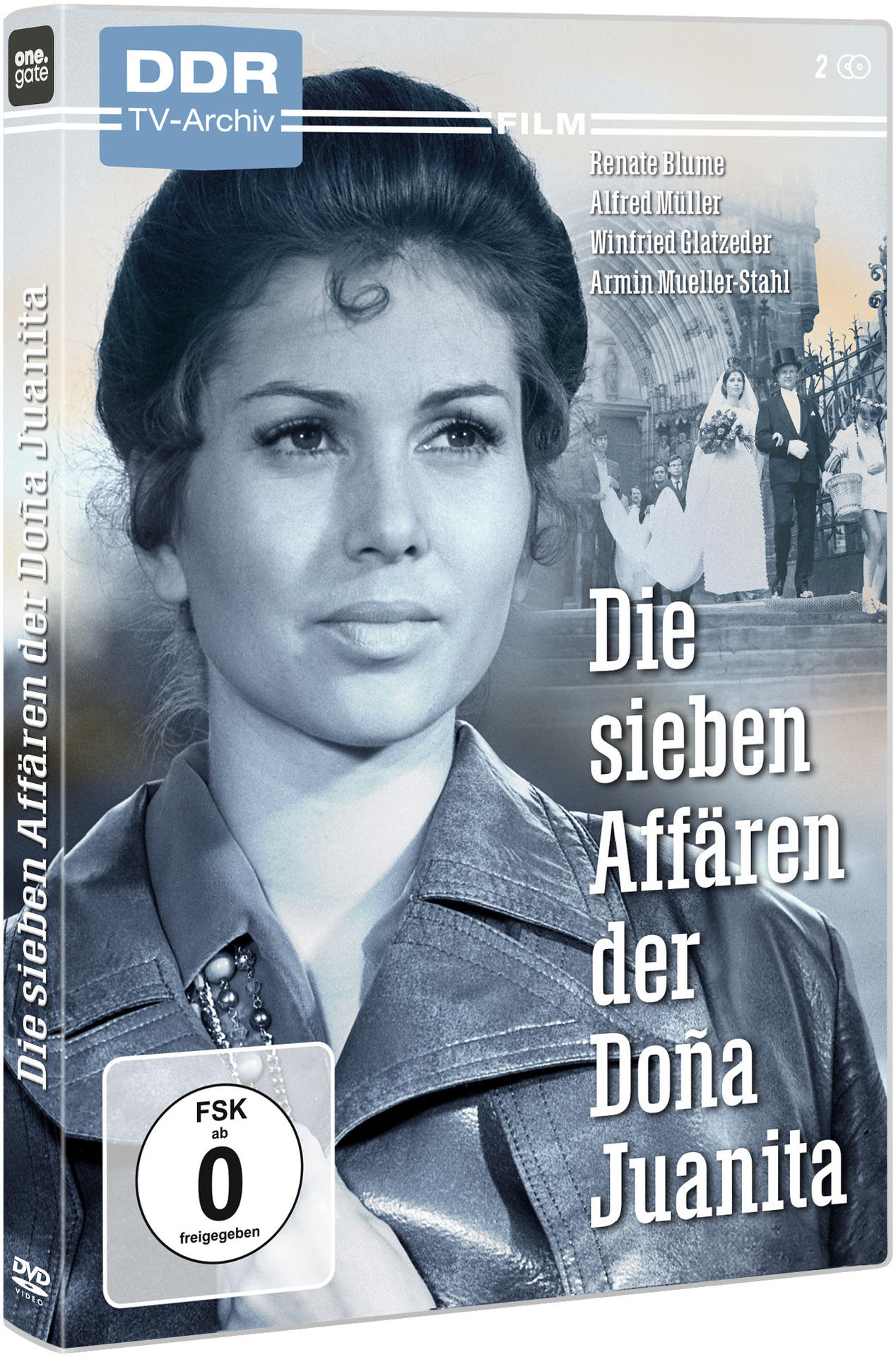 Ein Filmcover mit einem Frauengesicht. Text auf Deutsch: "Die sieben Affären der Doña Juanita".