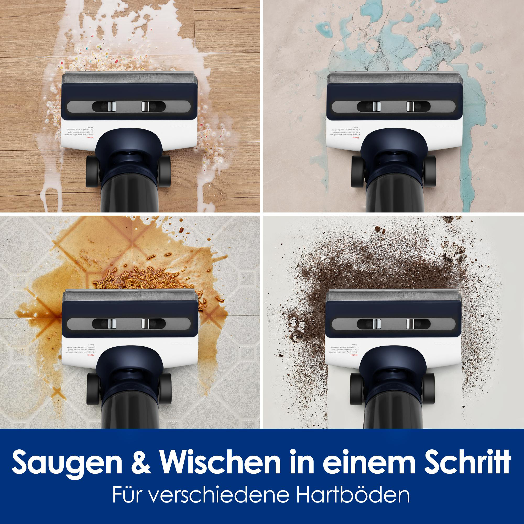 Staubsauger reinigt verschiedene Oberflächen, zeigt verschiedene Arten der Schmutzentfernung.
