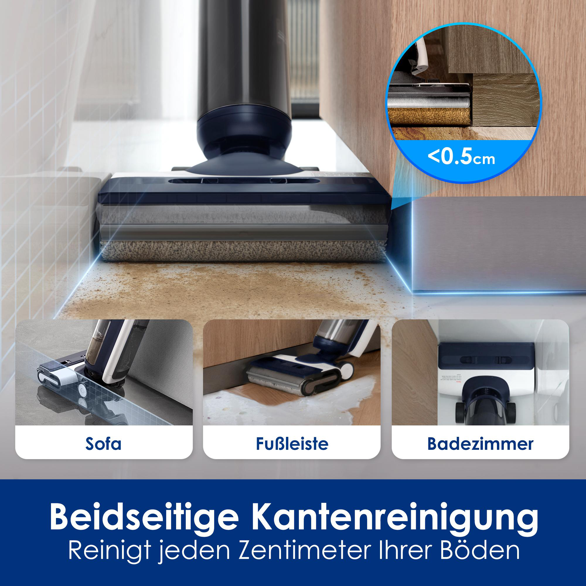 Nahaufnahme verschiedener Bereiche, die von einem Staubsauger gereinigt werden. Text zeigt Kantensäuberung.