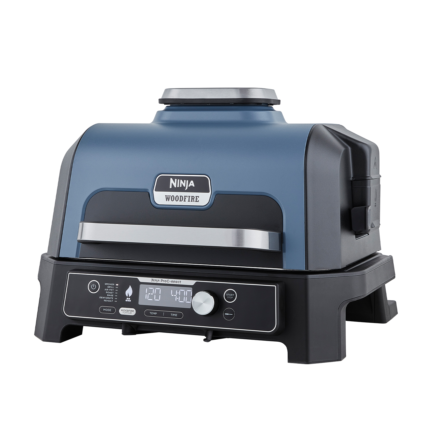 Griglia Ninja Woodfire con controlli digitali, parte superiore blu.