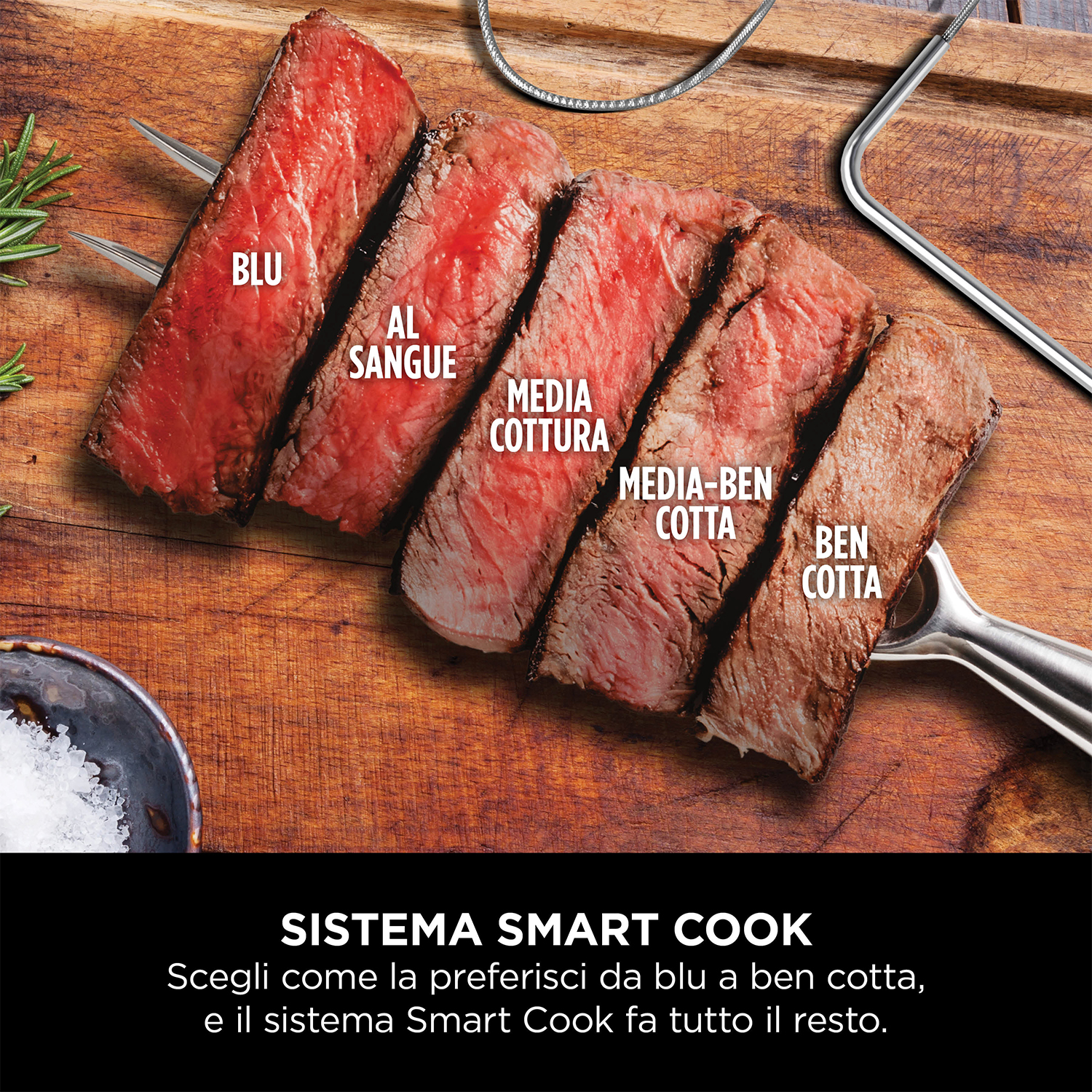 Fette di bistecca cotte su un tagliere di legno, che mostrano diversi livelli di cottura.