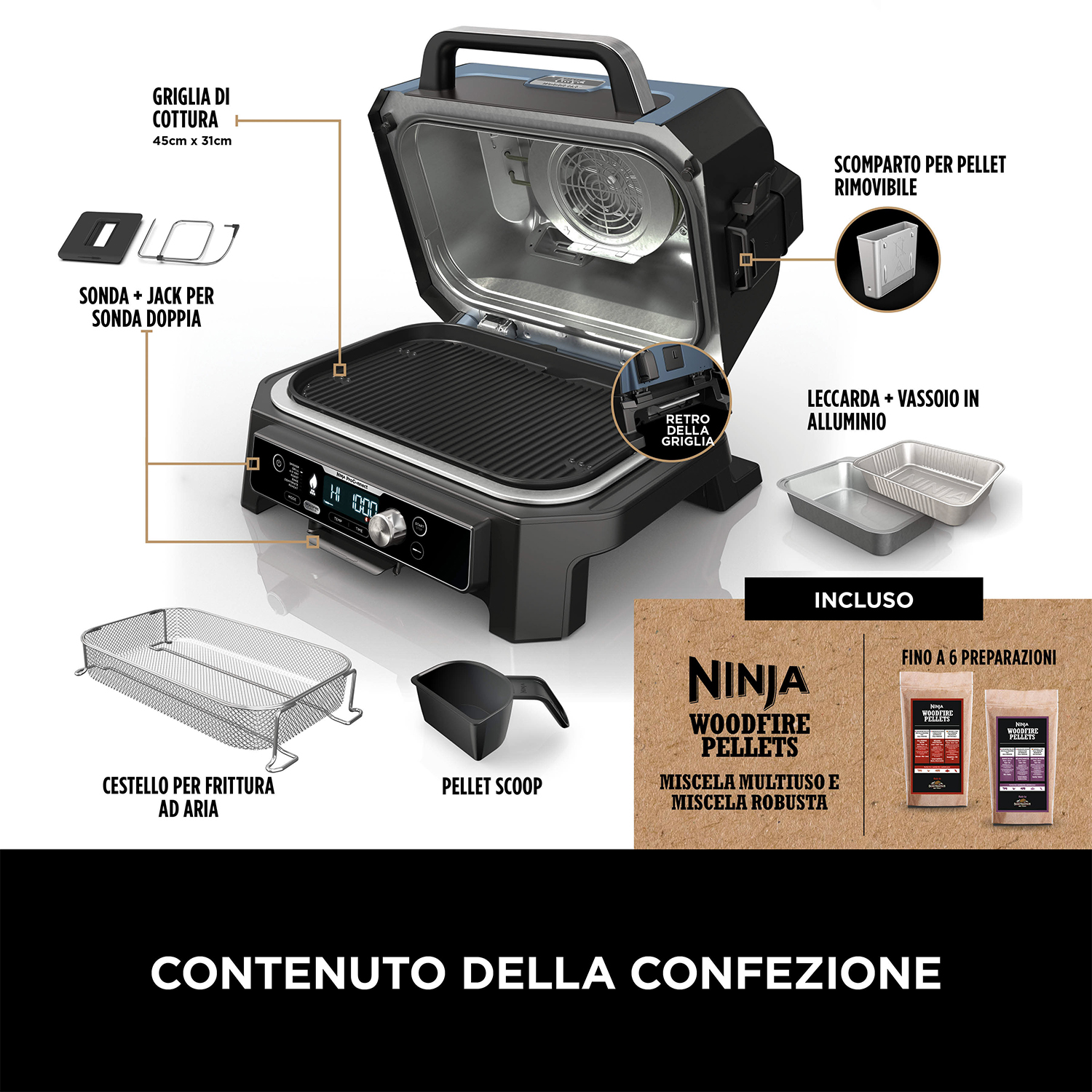 Componenti del Ninja Woodfire Grill. Include griglia, cestello friggitrice ad aria, paletta per pellet e altro.