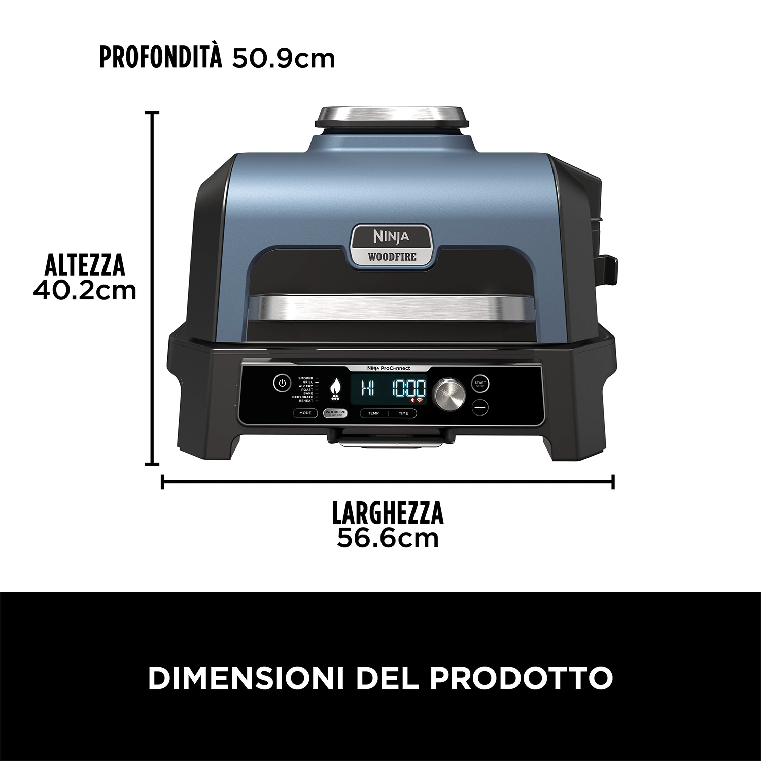 Grafico delle dimensioni del prodotto di una griglia Ninja, che mostra profondità, altezza e larghezza in cm.