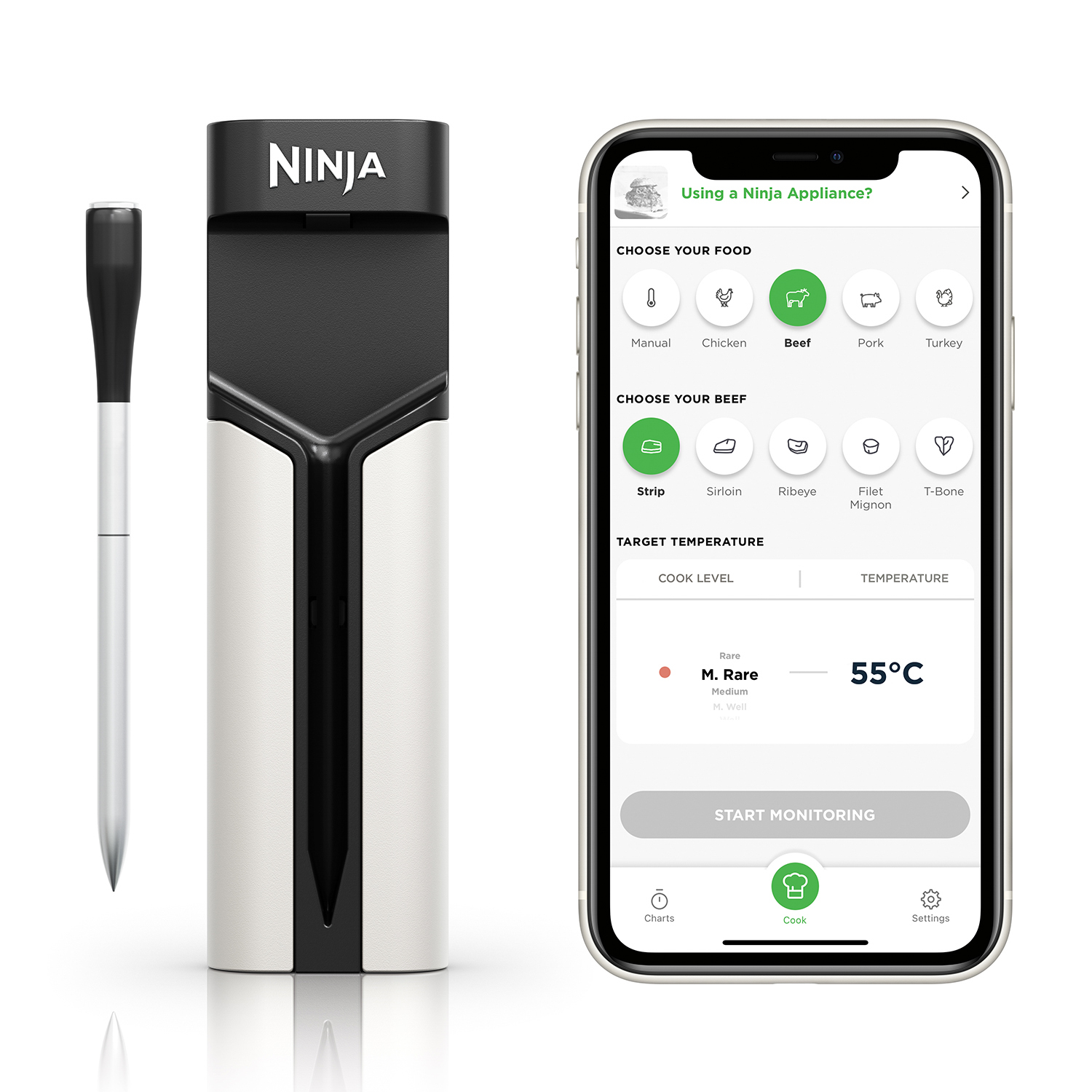 Un termometro per alimenti Ninja e uno smartphone che mostra le istruzioni di cottura.