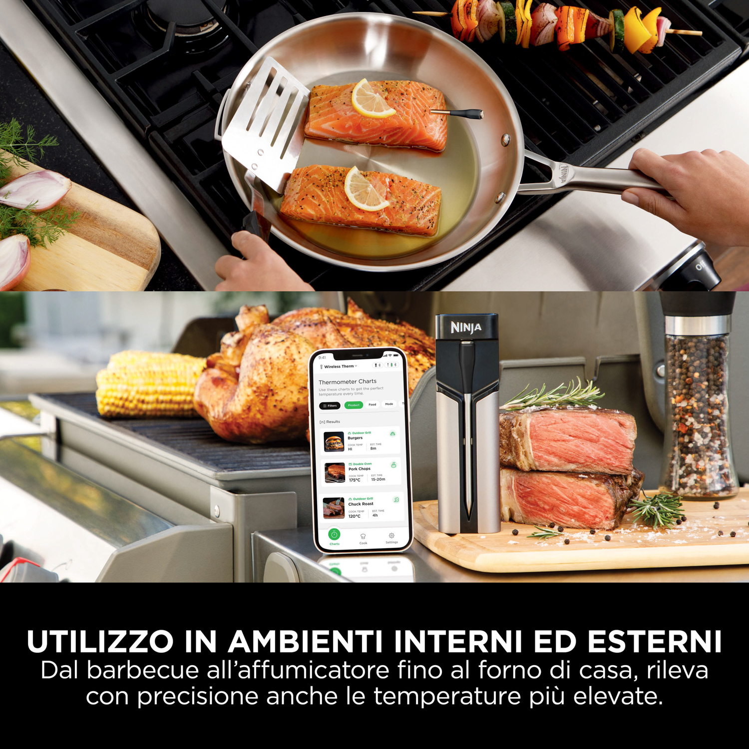 Collage di preparazione del cibo: salmone, spiedini, app, bistecche e un macinapepe.