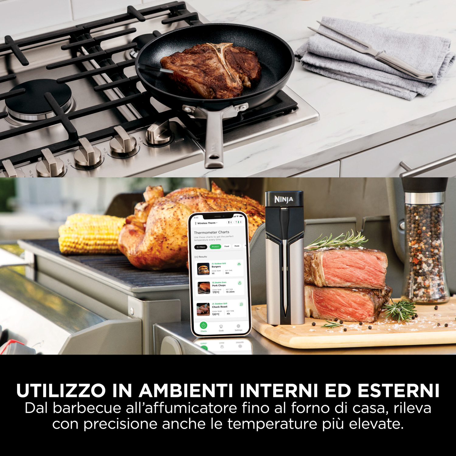 Una bistecca in padella, uno smartphone con un'app e una griglia sullo sfondo. Un termometro Ninja.
