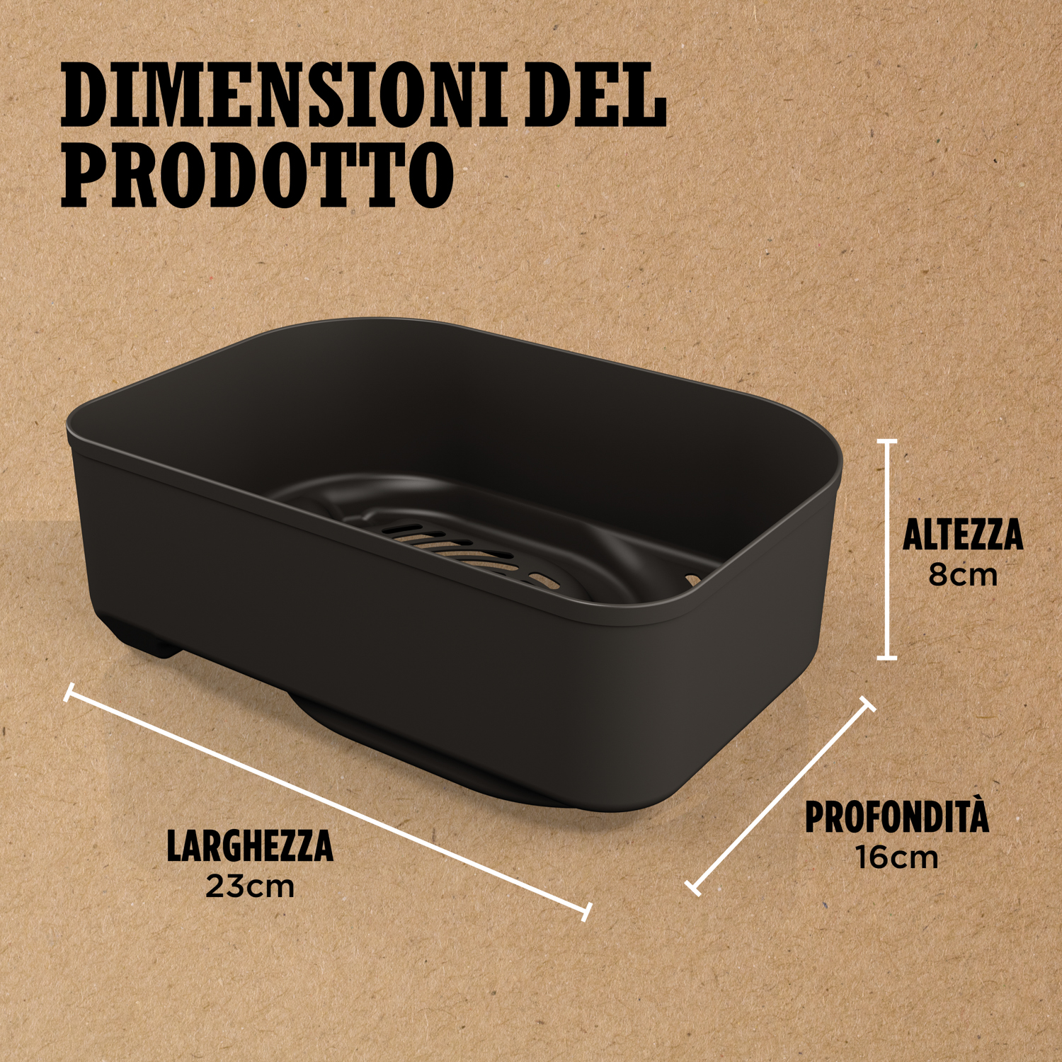 Un contenitore rettangolare nero con dimensioni, altezza 8 cm, larghezza 23 cm e profondità 16 cm, su una superficie marrone.