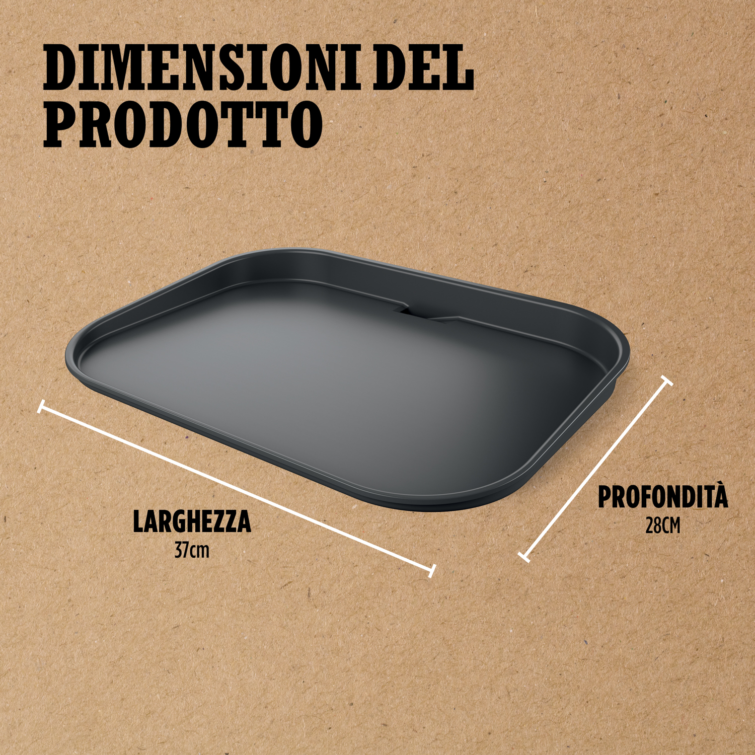 Teglia nera con dimensioni: larghezza 37 cm e profondità 28 cm. La teglia è su cartone.