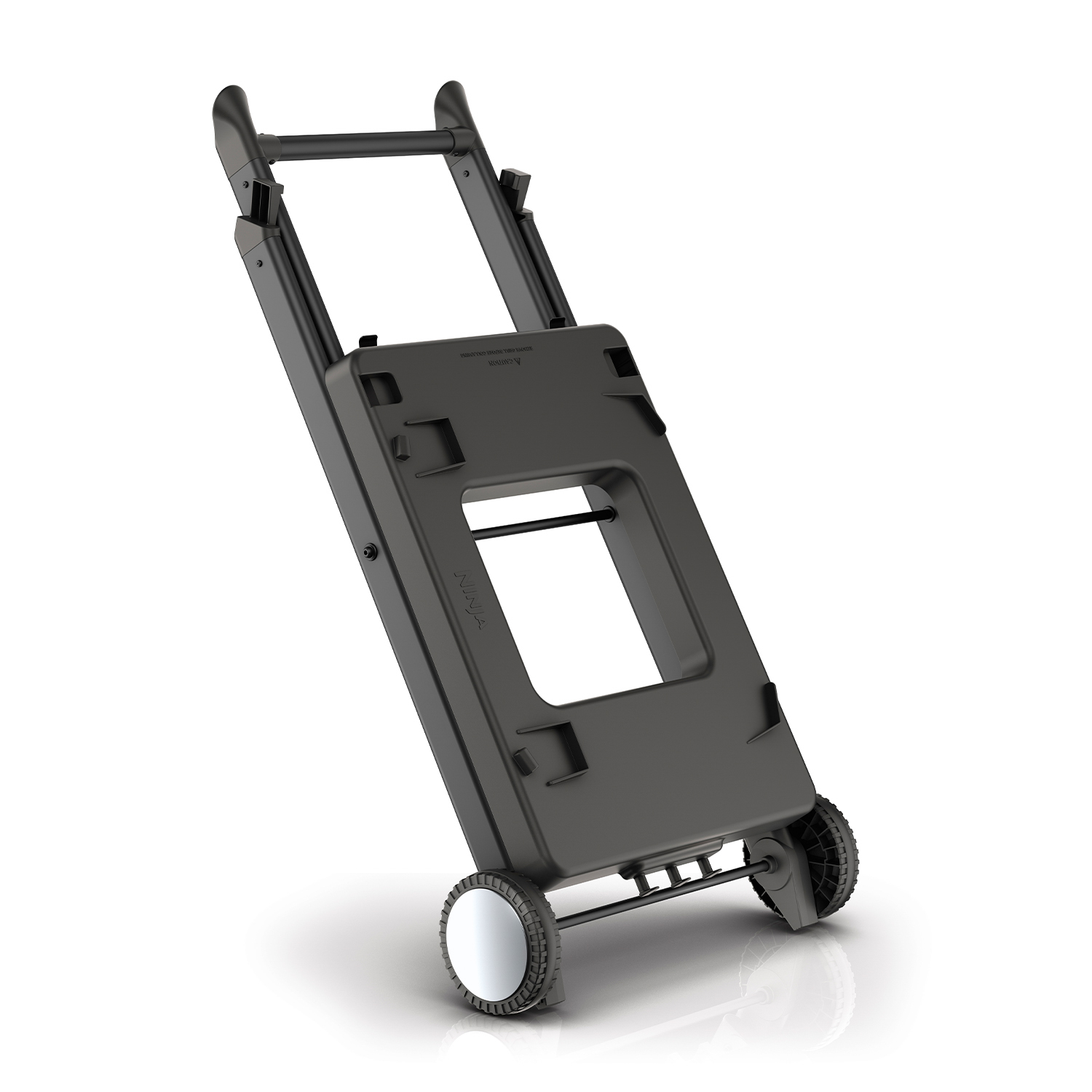 Carrello nero. Il carrello è progettato per il trasporto di oggetti. Ha ruote e una maniglia.